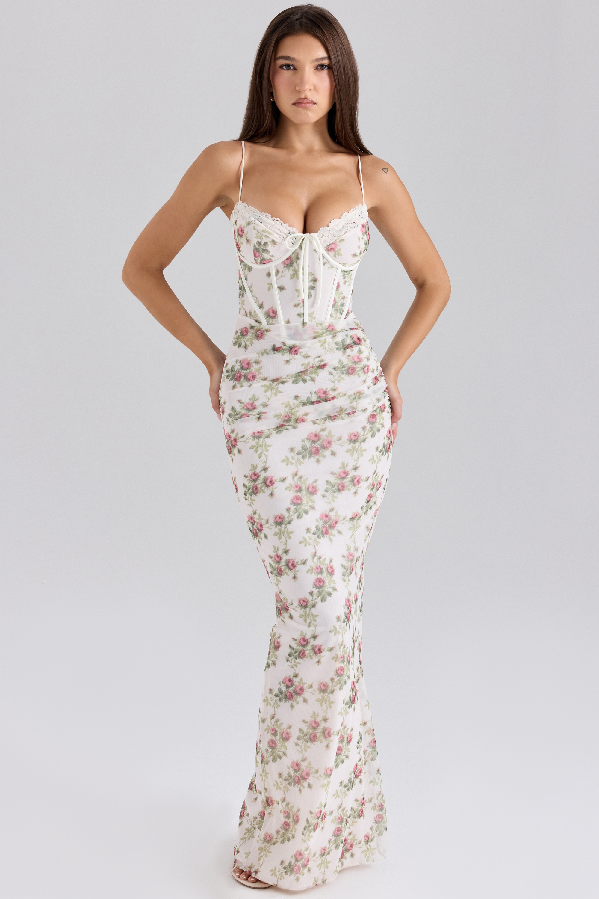 Cream Rose Print Mesh Maxi Dress - TREBLEV