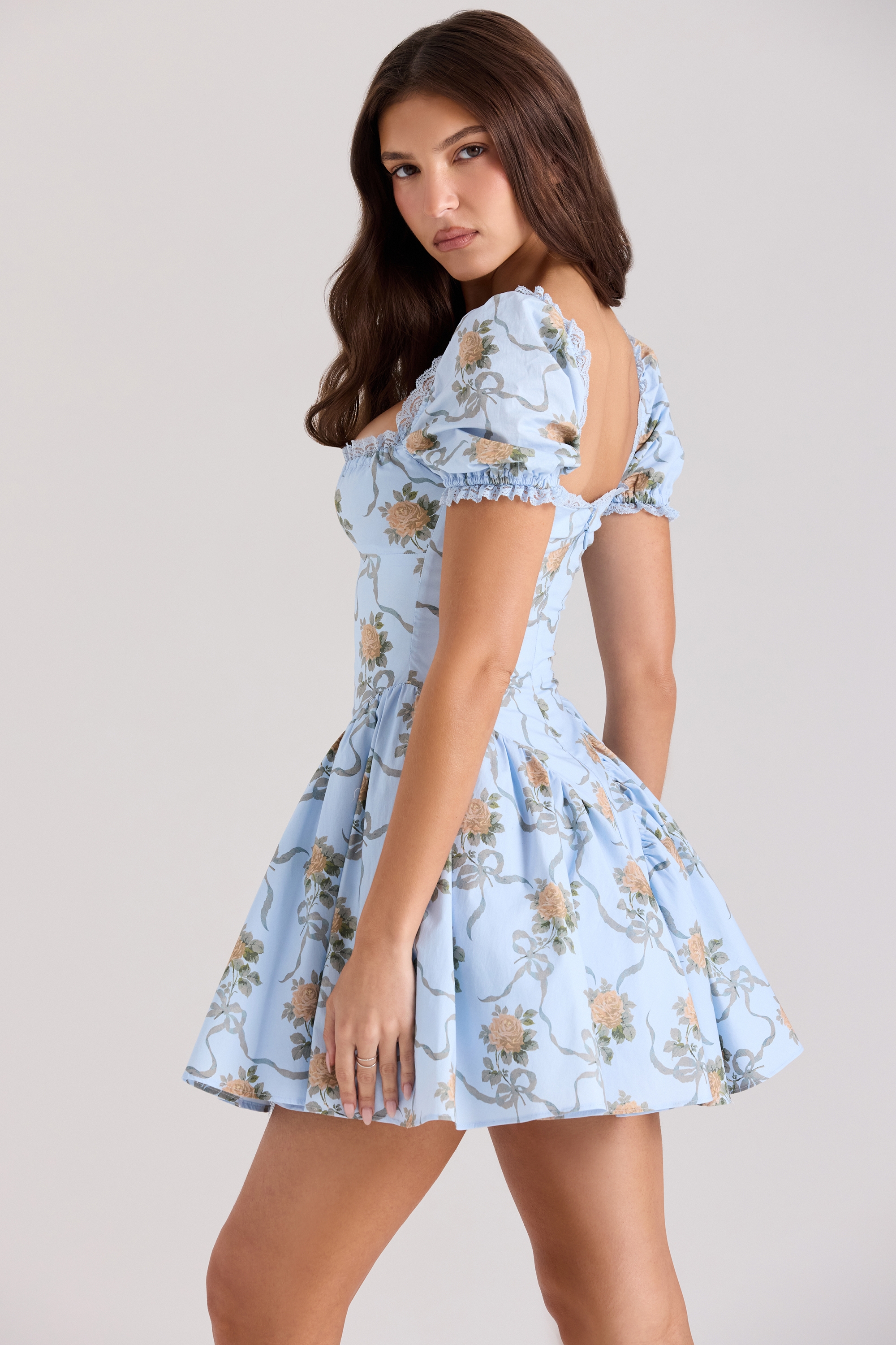 Blue Rose Print Cotton Mini Dress - TREBLEV