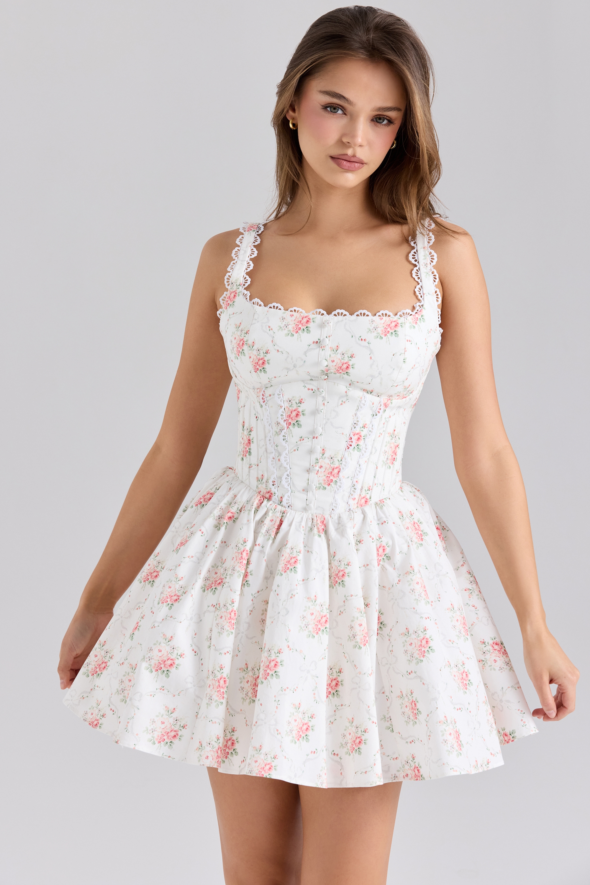 Rose Print Stretch Cotton Mini Dress - TREBLEV