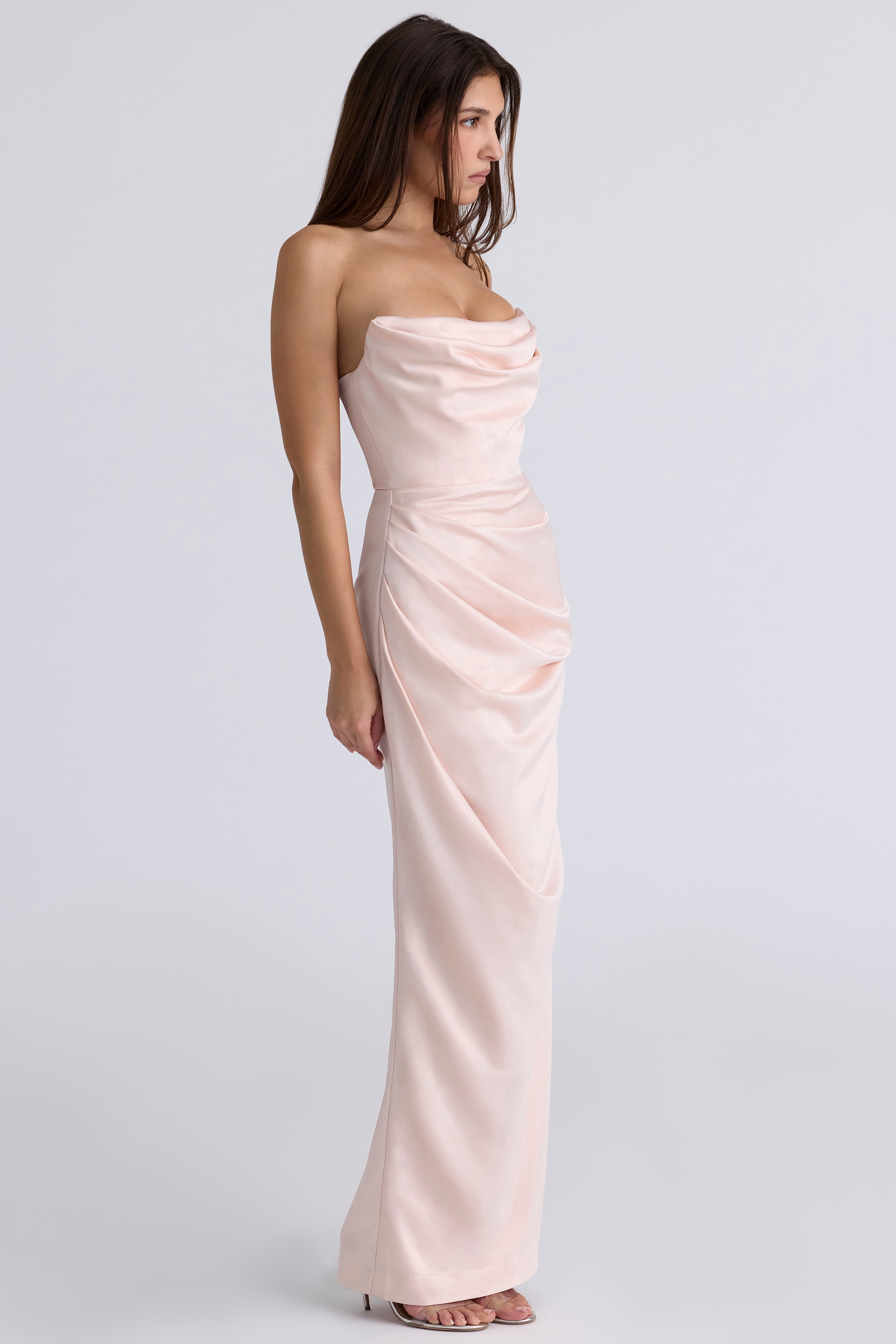 Champagne Satin Strapless Gown - TREBLEV