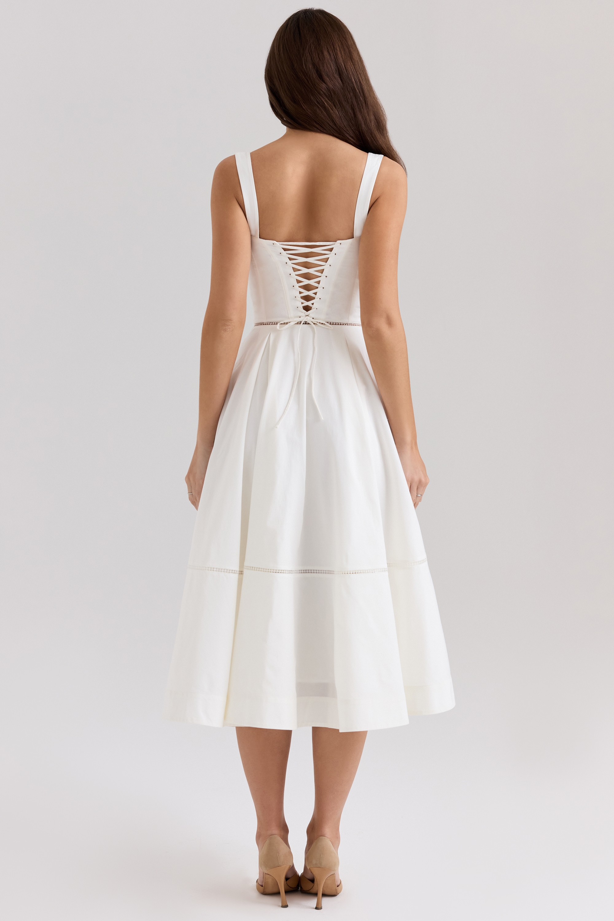 White Cotton Button Front Midi Dress - TREBLEV