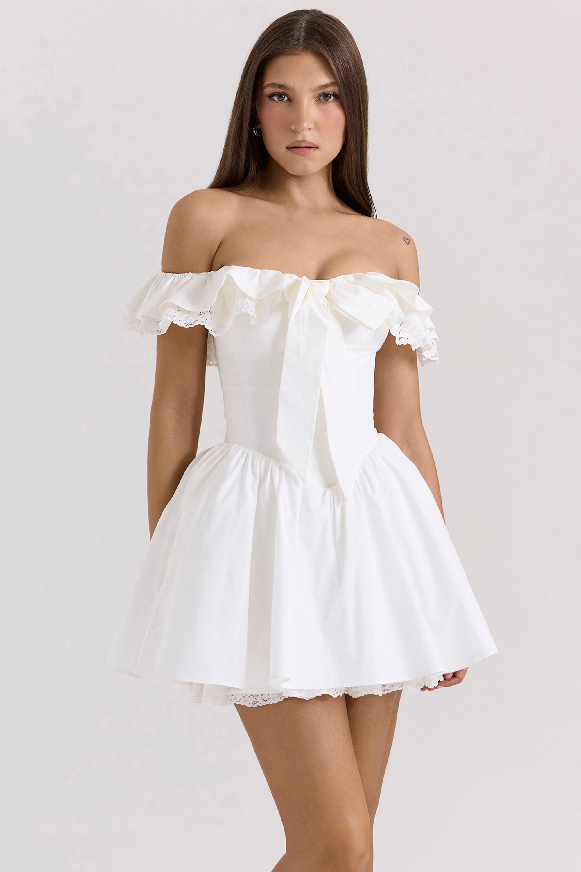 White Cotton Off Shoulder Corset Mini Dress - TREBLEV