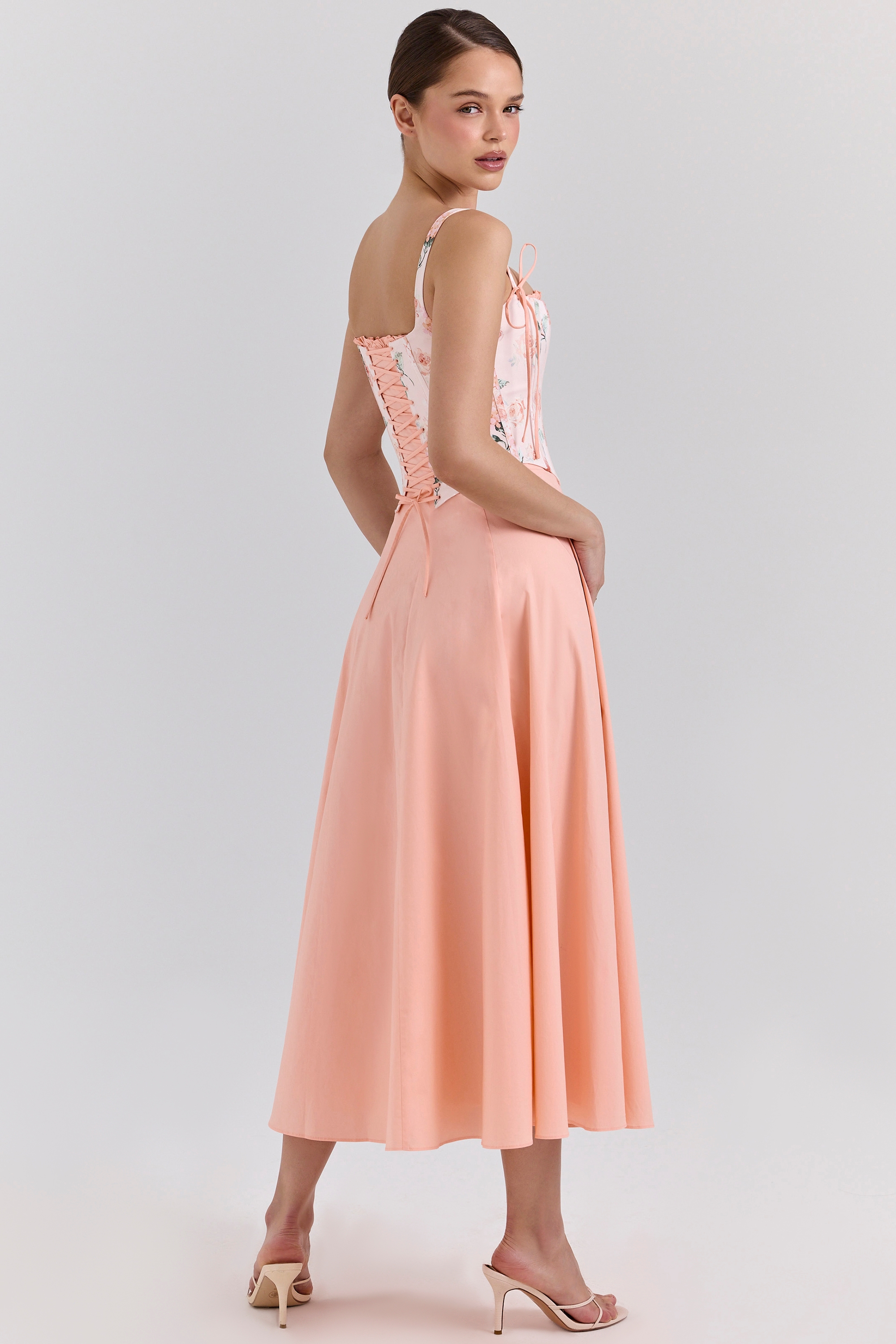 Peach Cotton Detachable Corset Midi Sundress - TREBLEV