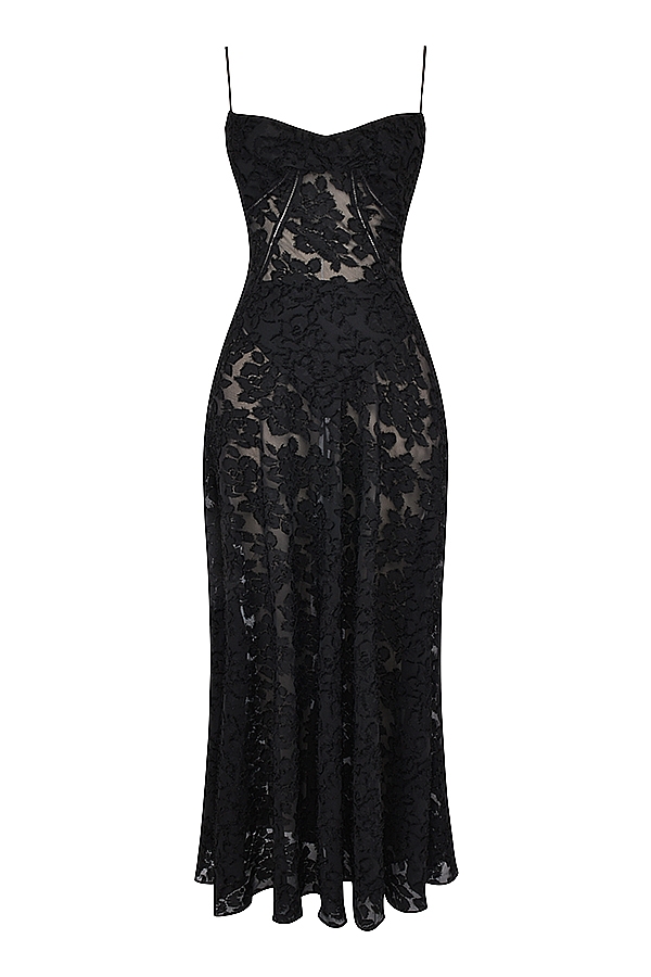 Black Floral Lace Back Maxi Dress - TREBLEV