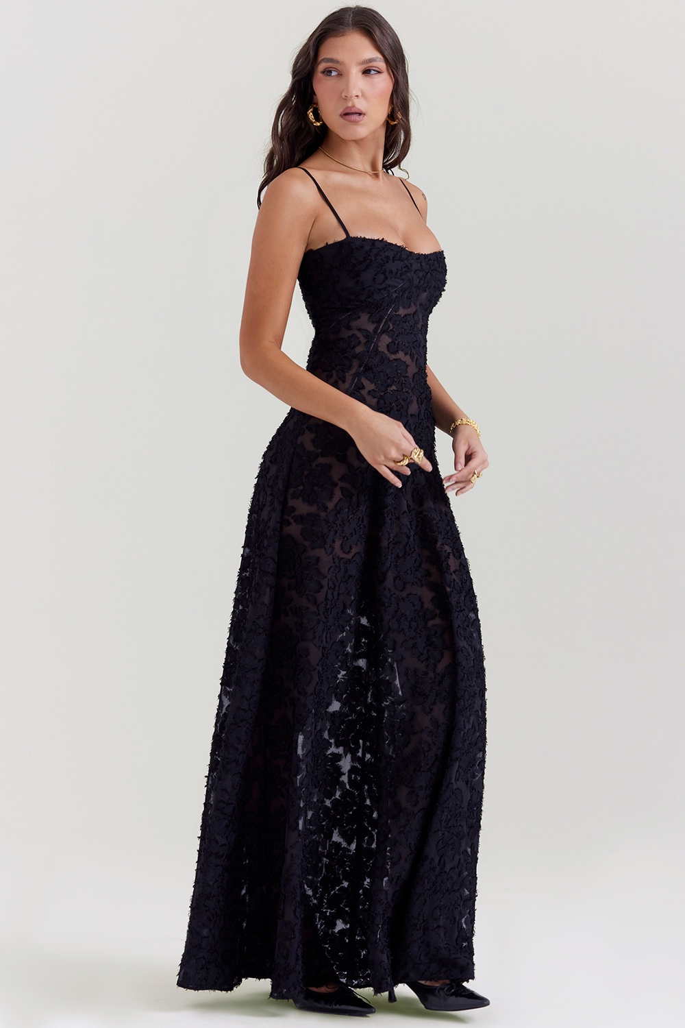 Black Floral Lace Back Maxi Dress - TREBLEV