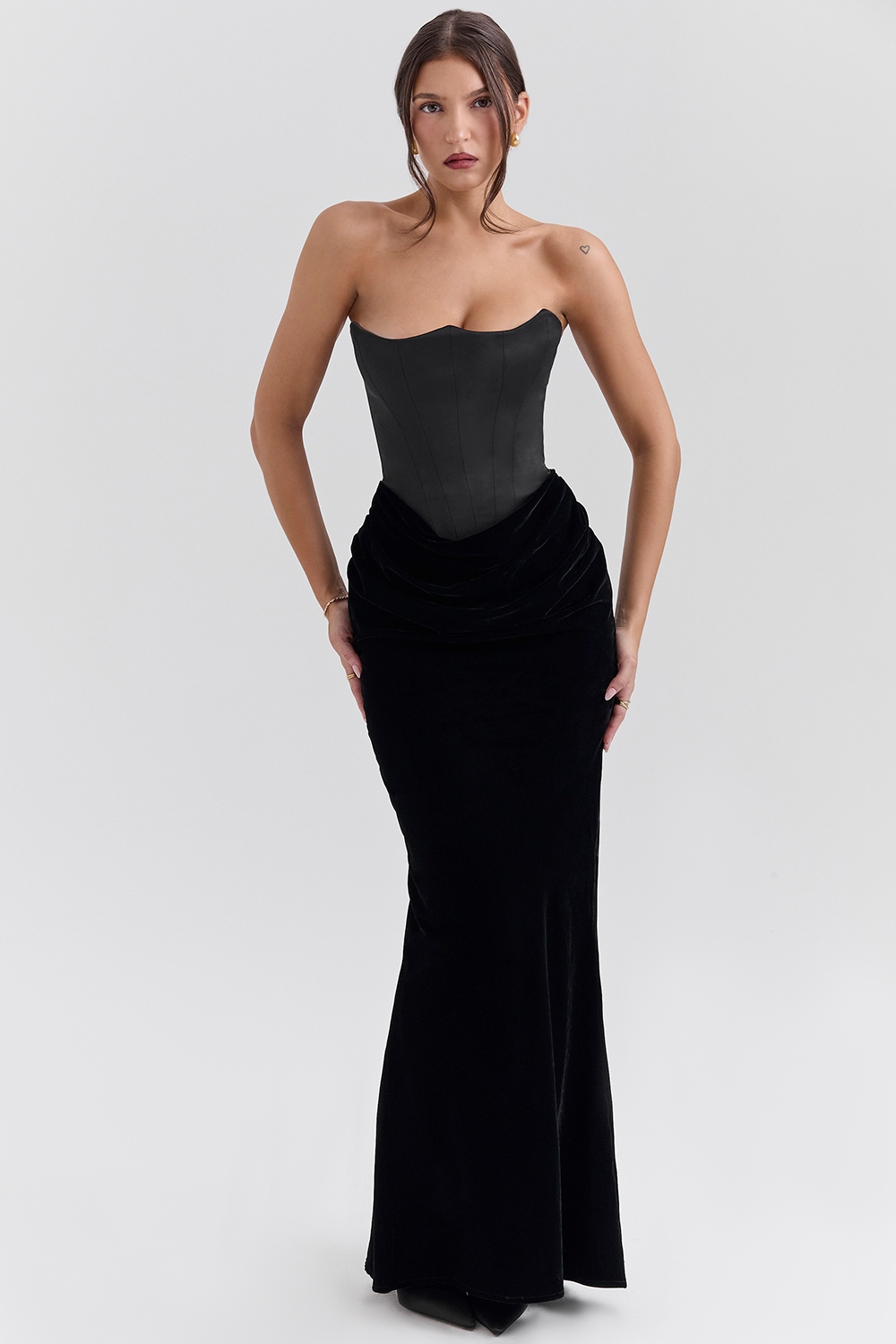 Black Velvet Strapless Corset Maxi Dress - TREBLEV