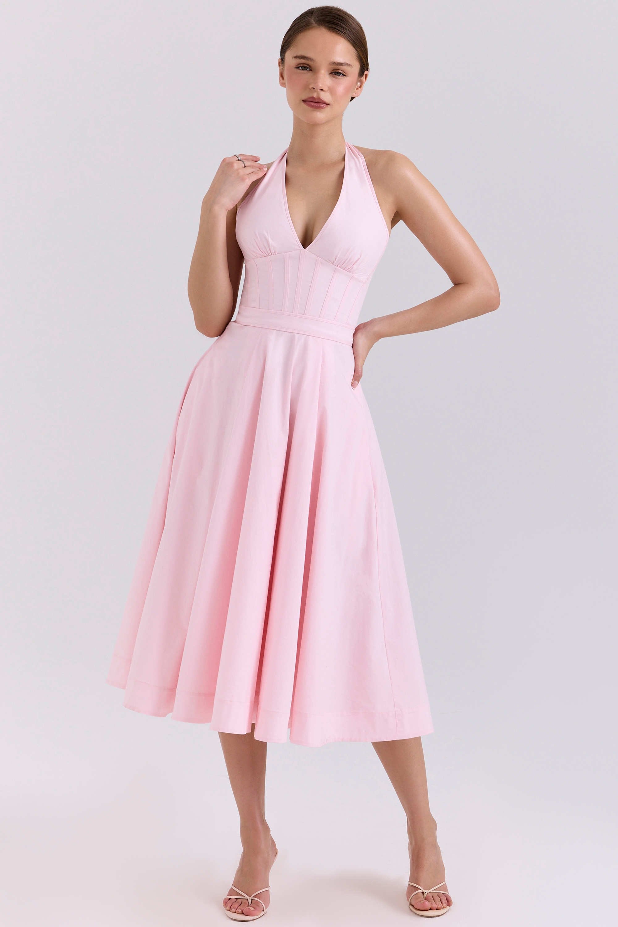 Pink Stretch Cotton Halter Midi Sundress - TREBLEV