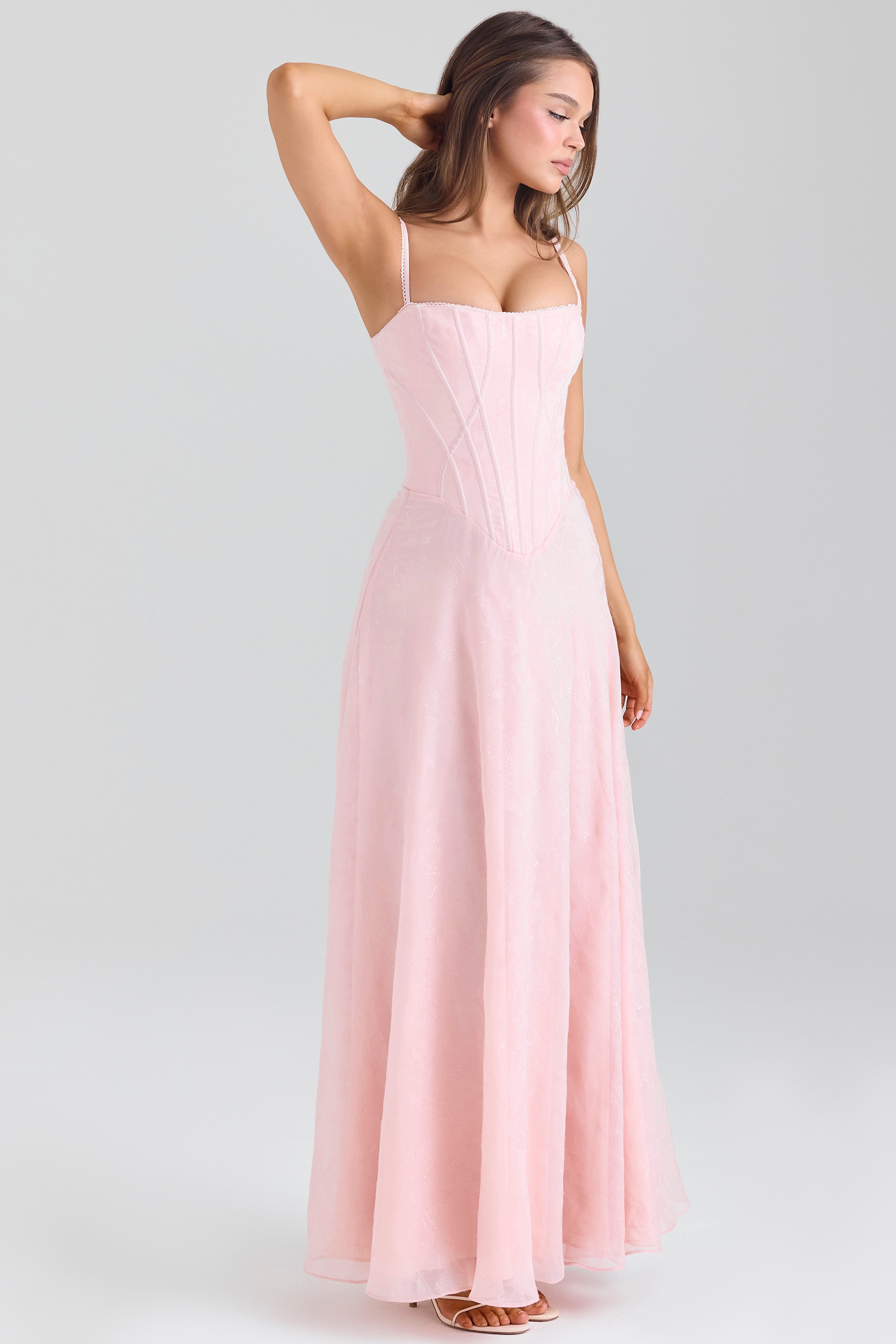Blush Pink Lurex Chiffon Maxi Dress - TREBLEV