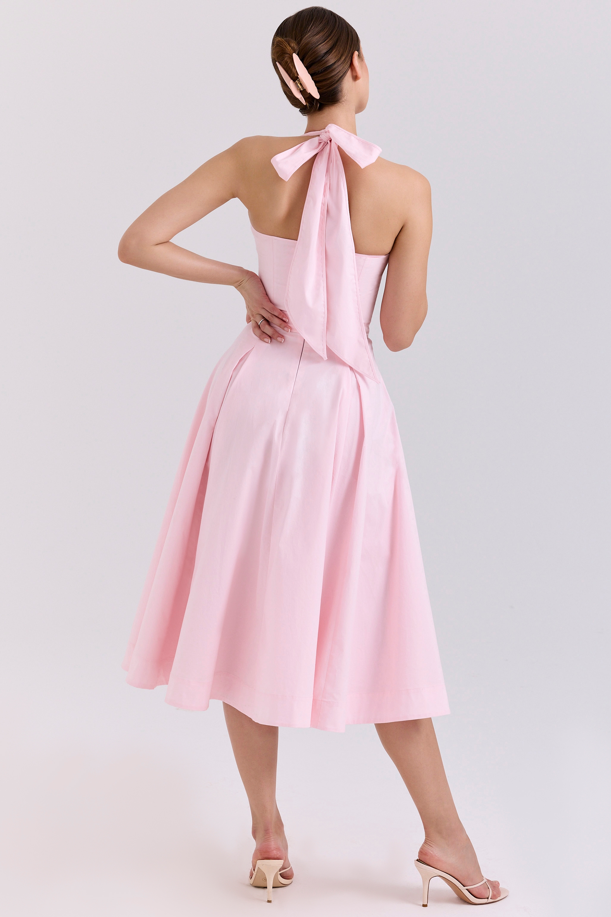 Pink Stretch Cotton Halter Midi Sundress - TREBLEV