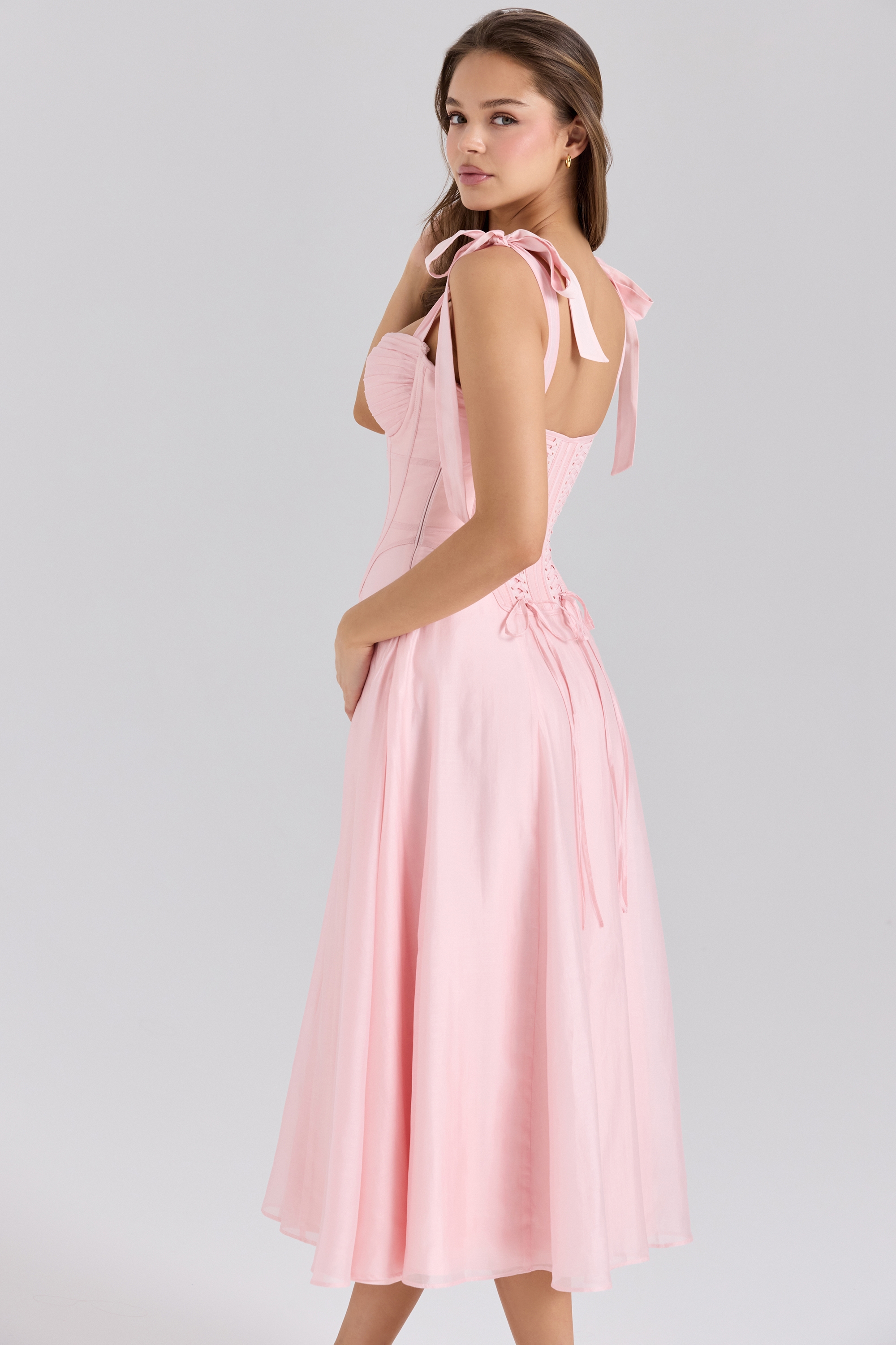 Pink Chiffon Tie Strap Midi Dress - TREBLEV