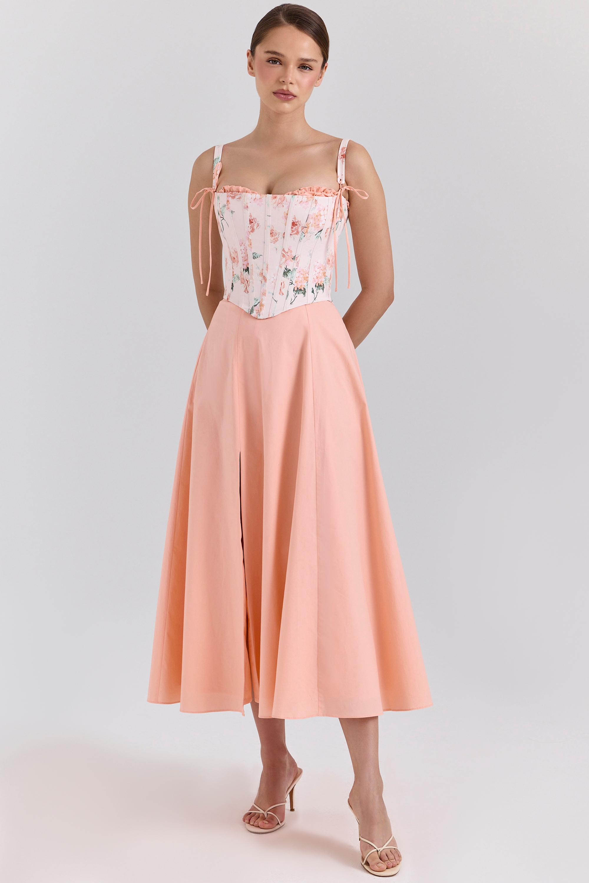 Peach Cotton Detachable Corset Midi Sundress - TREBLEV