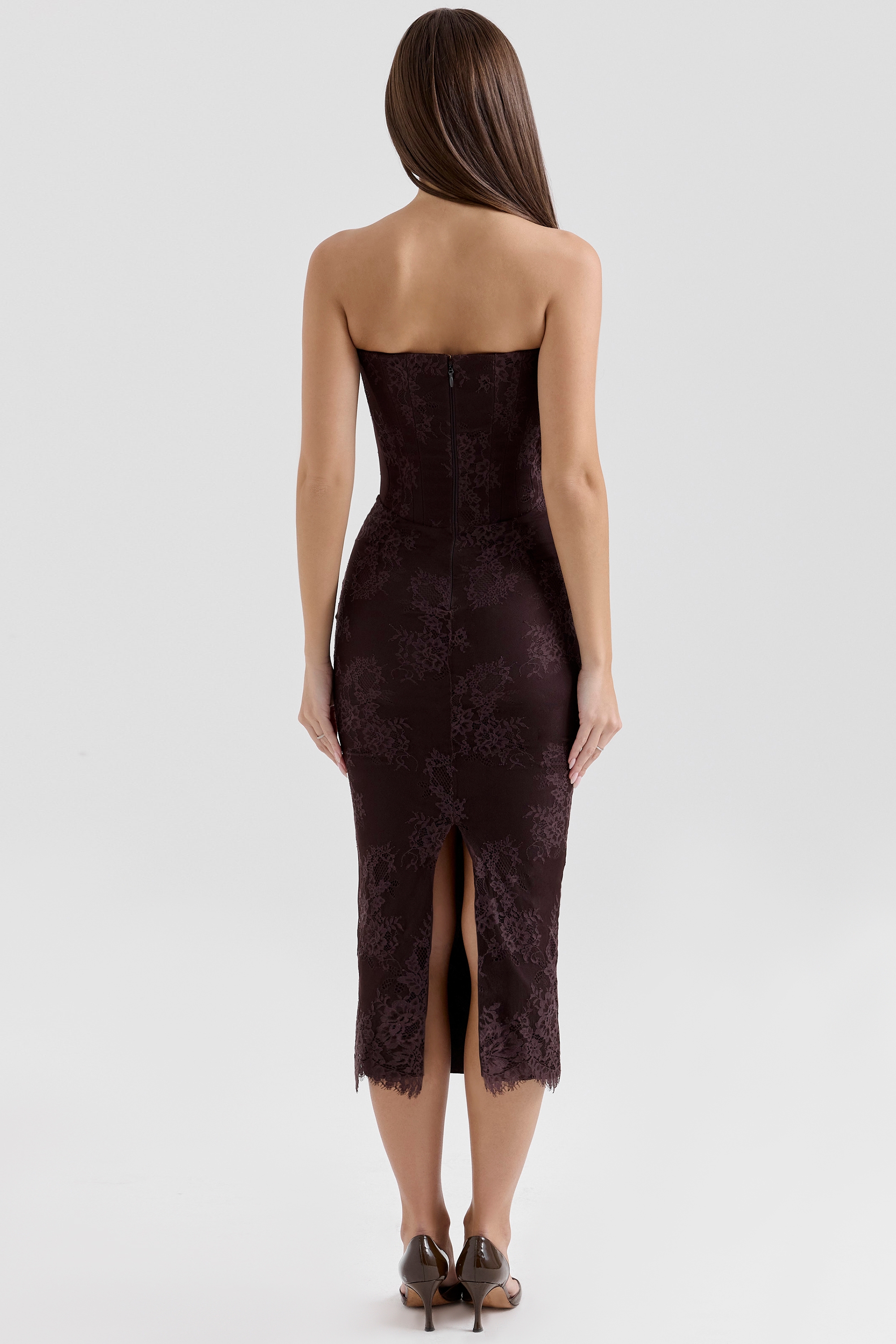 Bitter Chocolate Lace Corset Midi Dress & Bolero - TREBLEV
