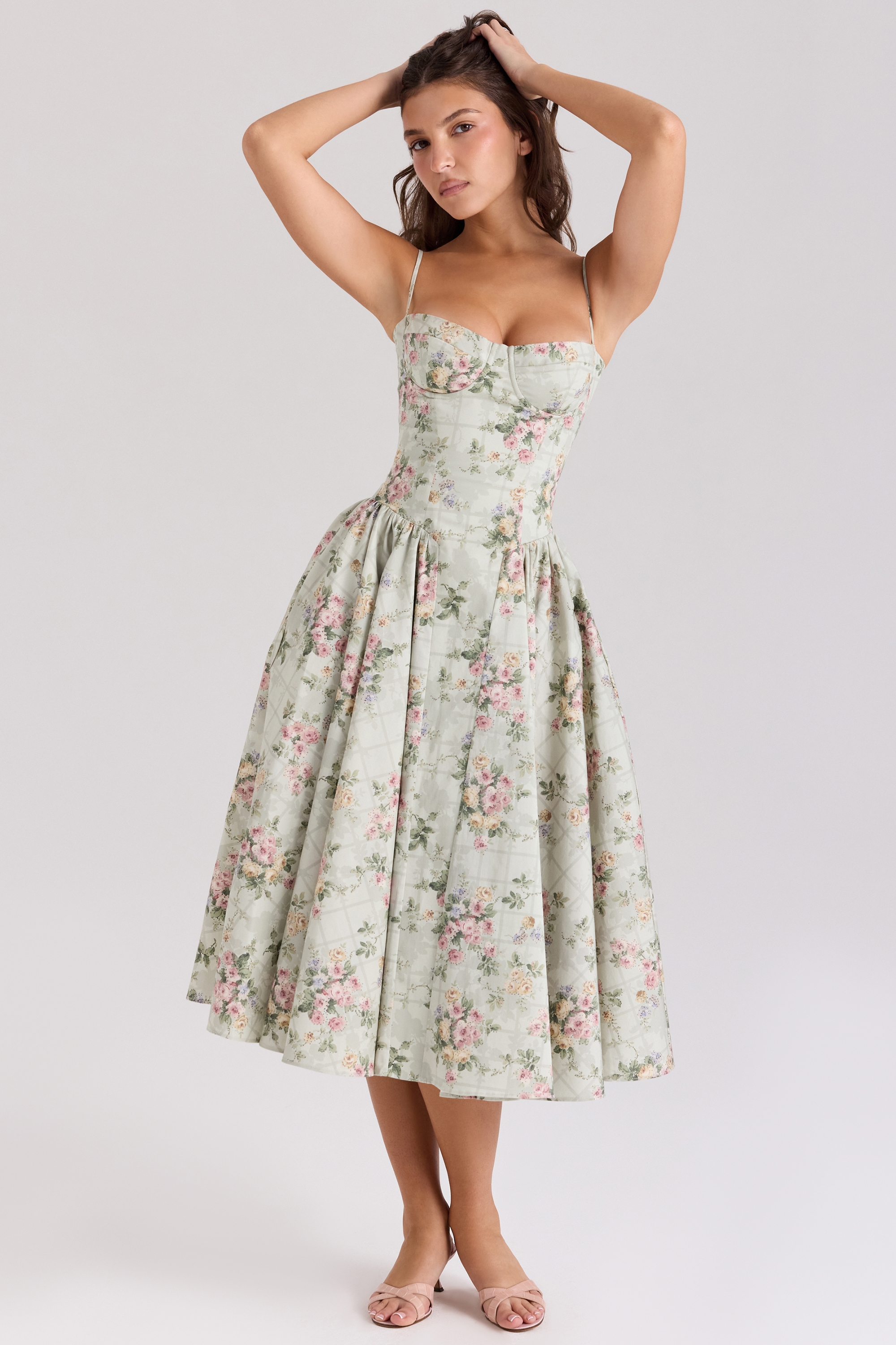 Sage Floral Print Cotton Midi Dress - TREBLEV