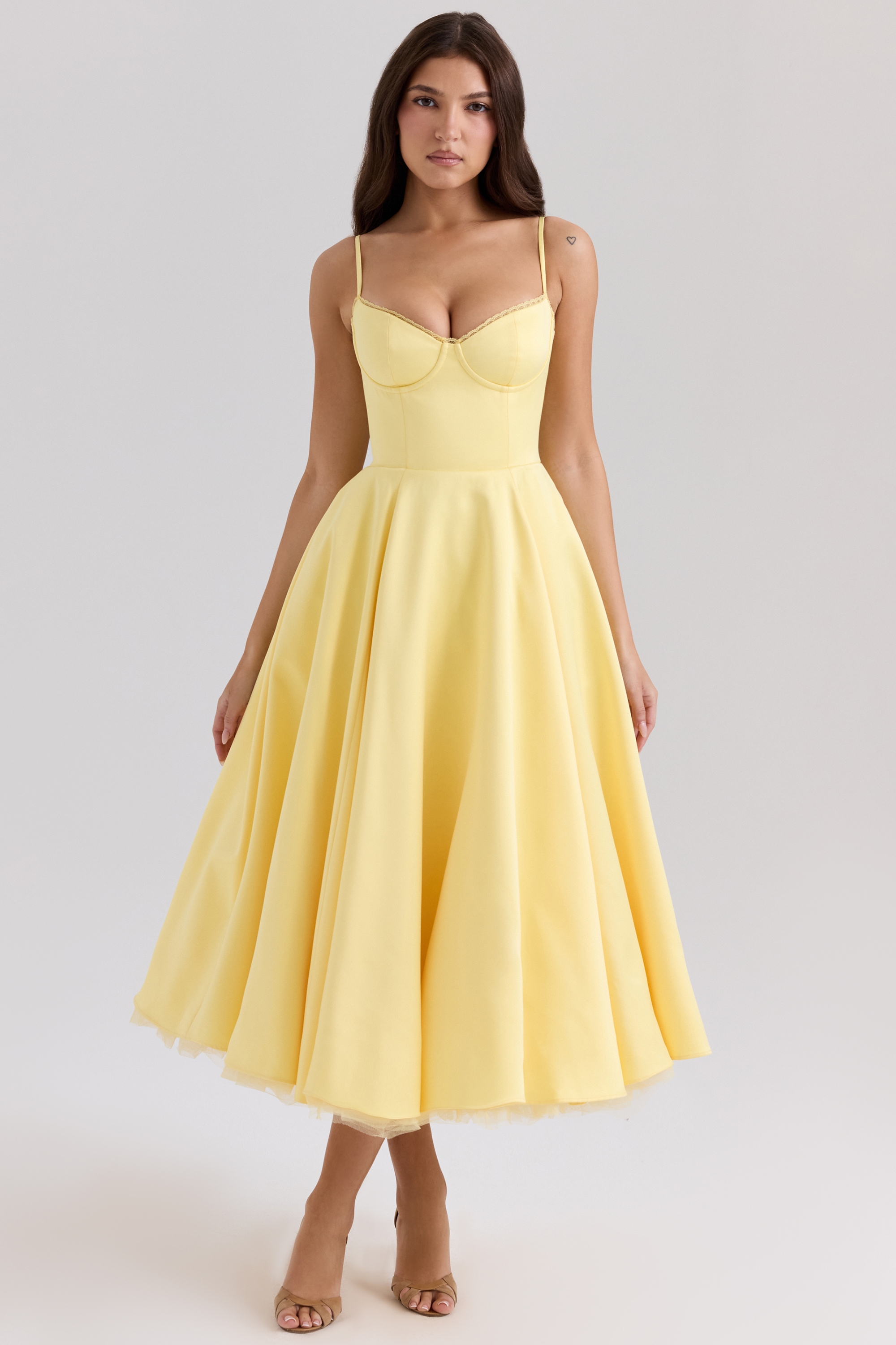 Sunshine Yellow Satin Tulle Midi Dress - TREBLEV