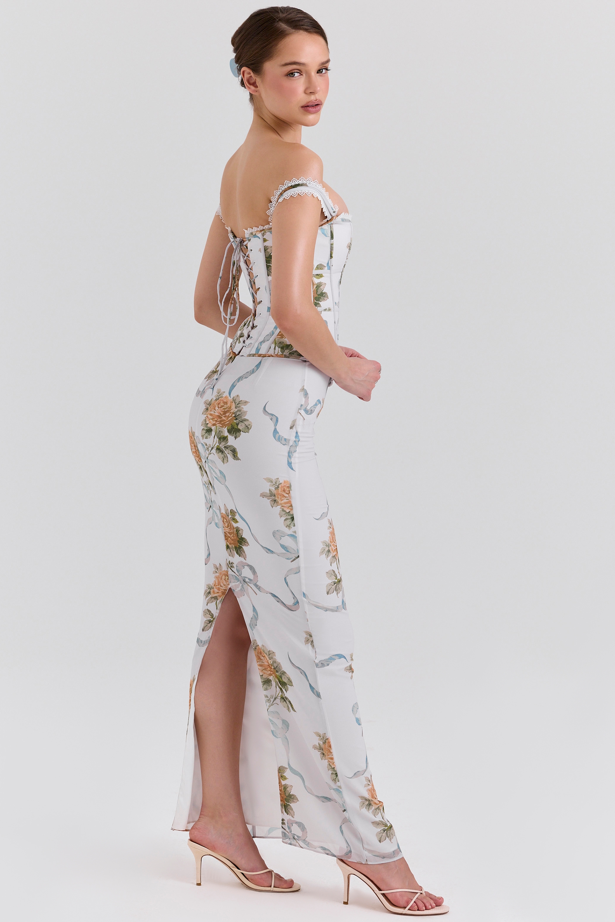 Soft Blue Vintage Print Corset Maxi Dress - TREBLEV