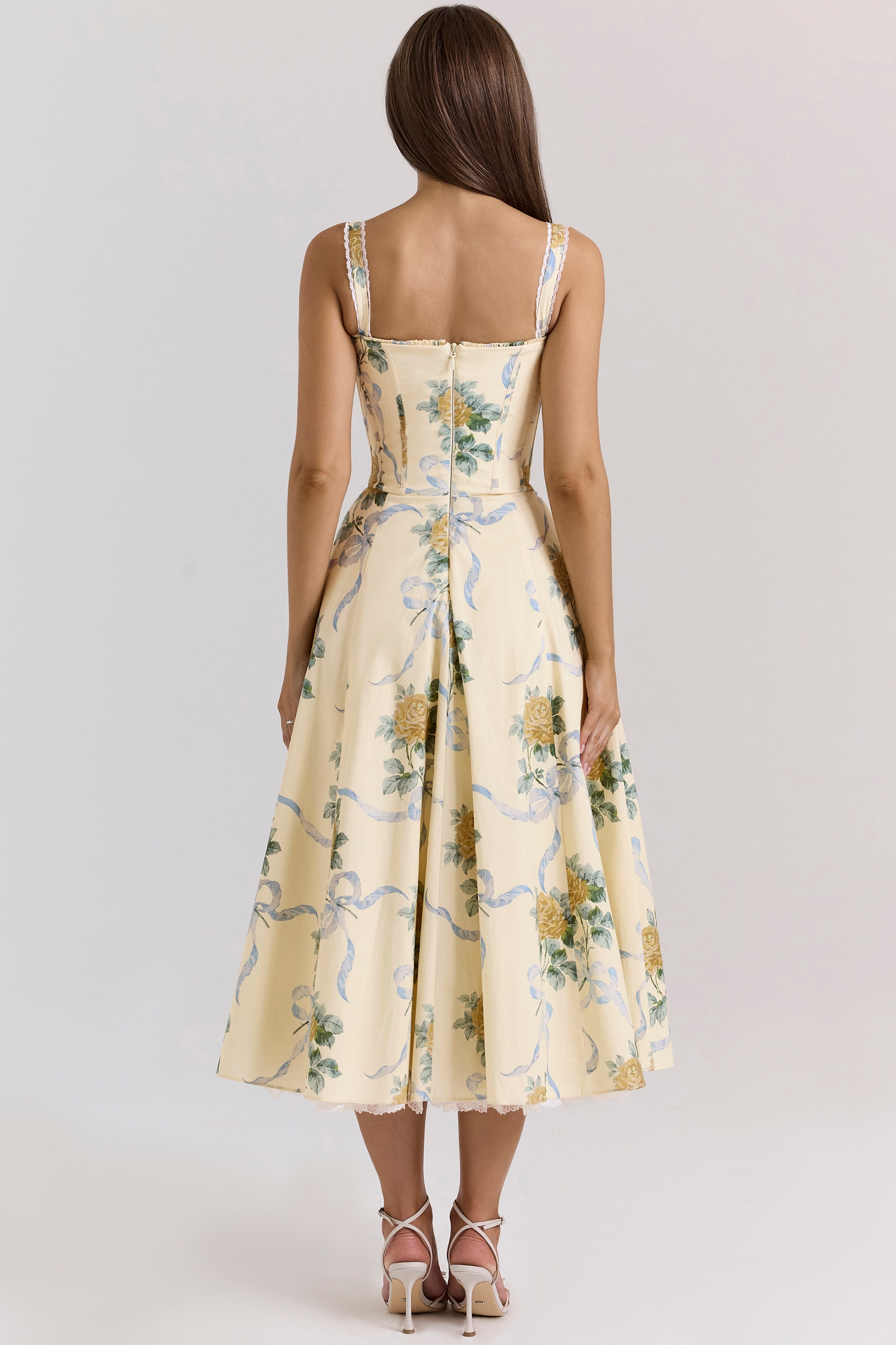 Lemon Vintage Ribbon Print Cotton Midi Dress - TREBLEV
