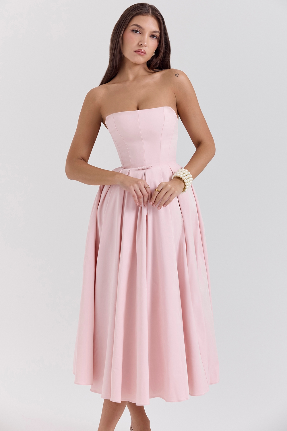 Parisian Pink Strapless Corset Midi Dress - TREBLEV