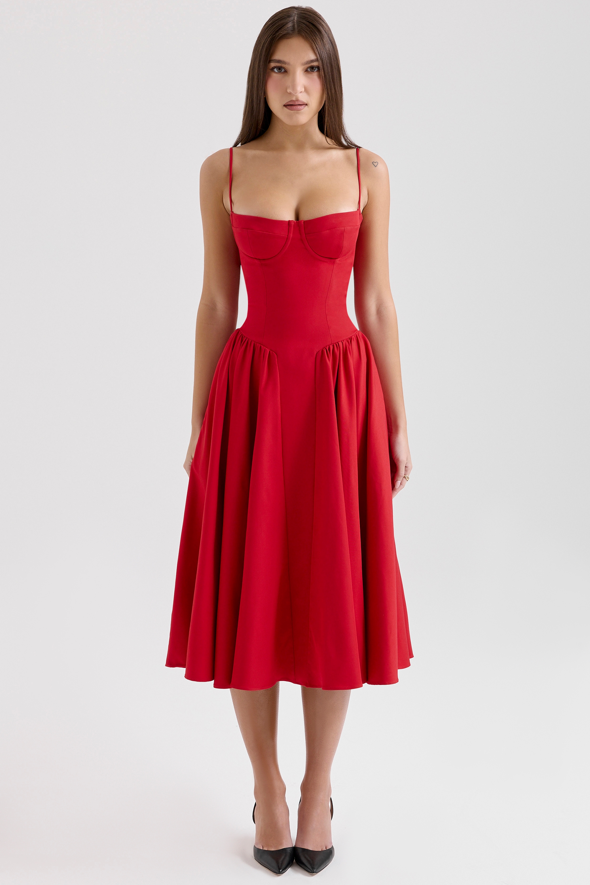 Red Gathered Midi Dress - TREBLEV