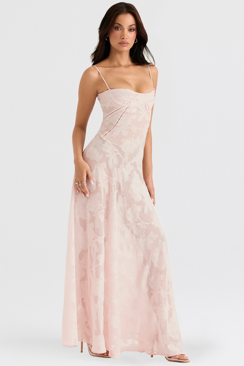Soft Pink Floral Lace Back Maxi Dress - TREBLEV