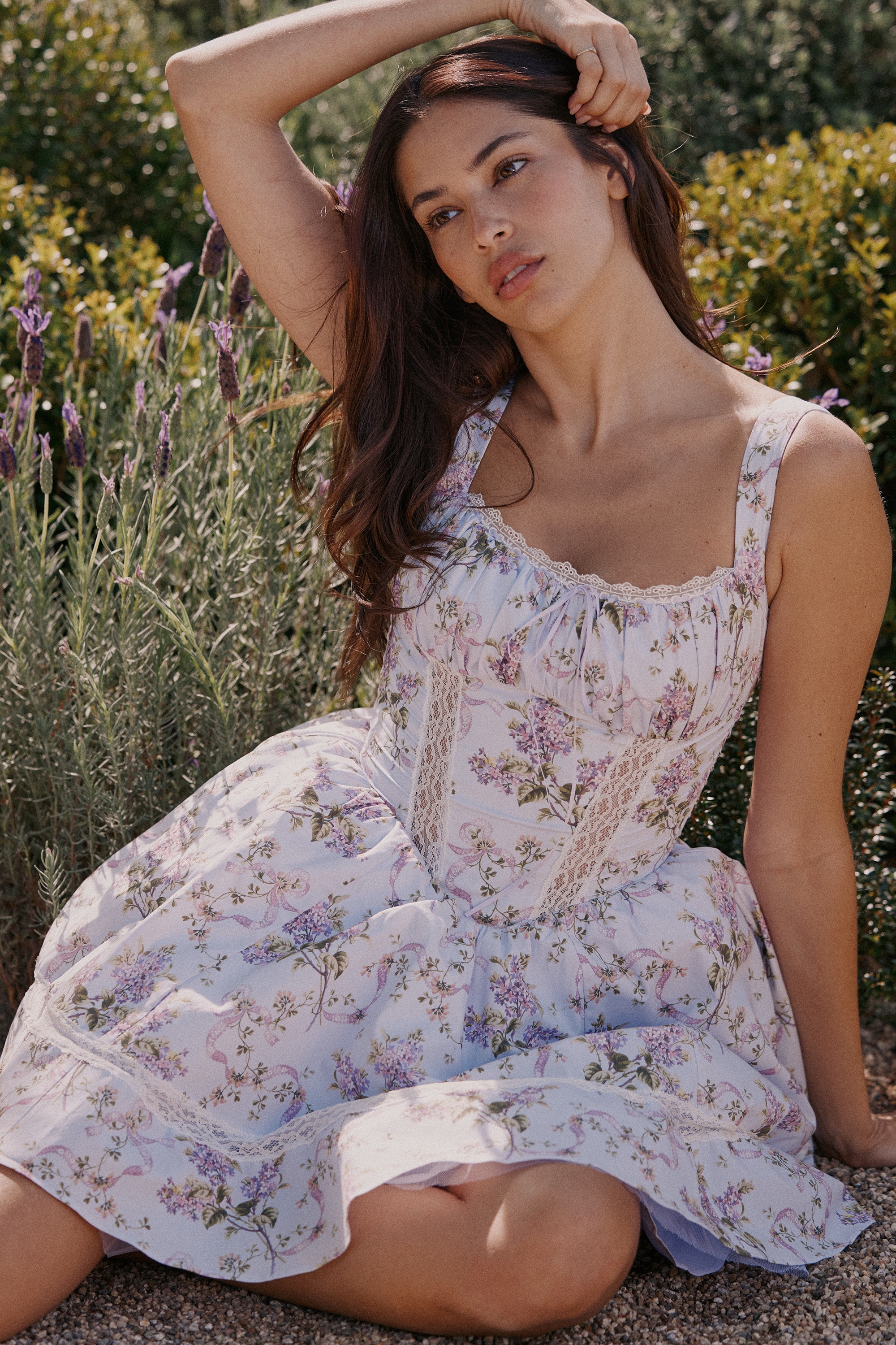 Lilac Ribbon Print Cotton Mini Dress - TREBLEV