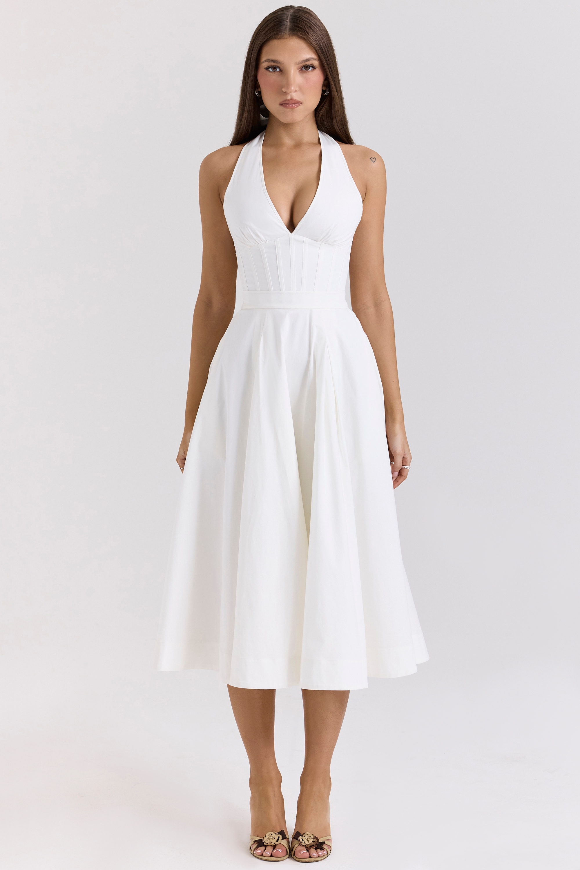 White Stretch Cotton Halter Midi Sundress - TREBLEV