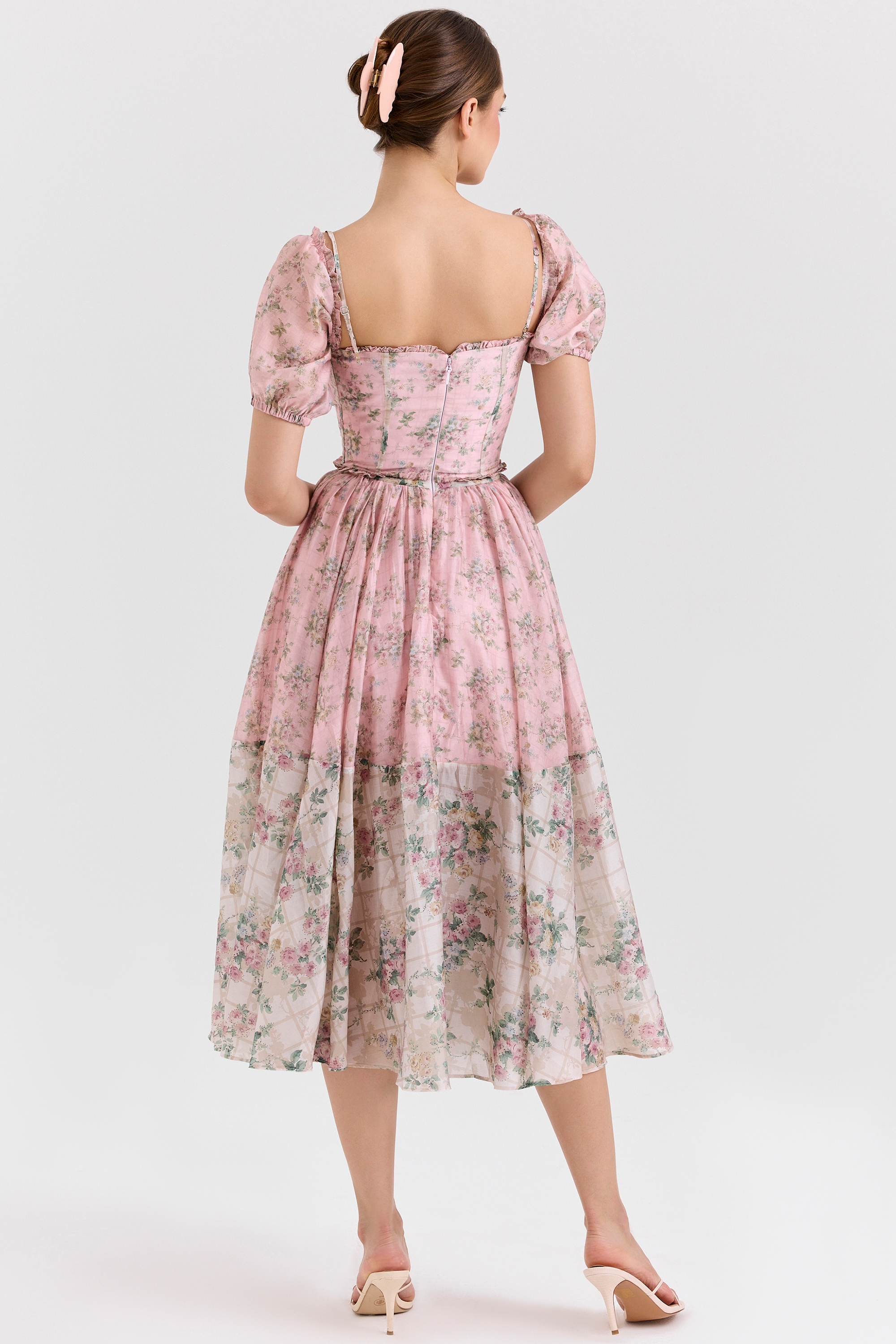 Pink Floral Chiffon Midi Dress - TREBLEV