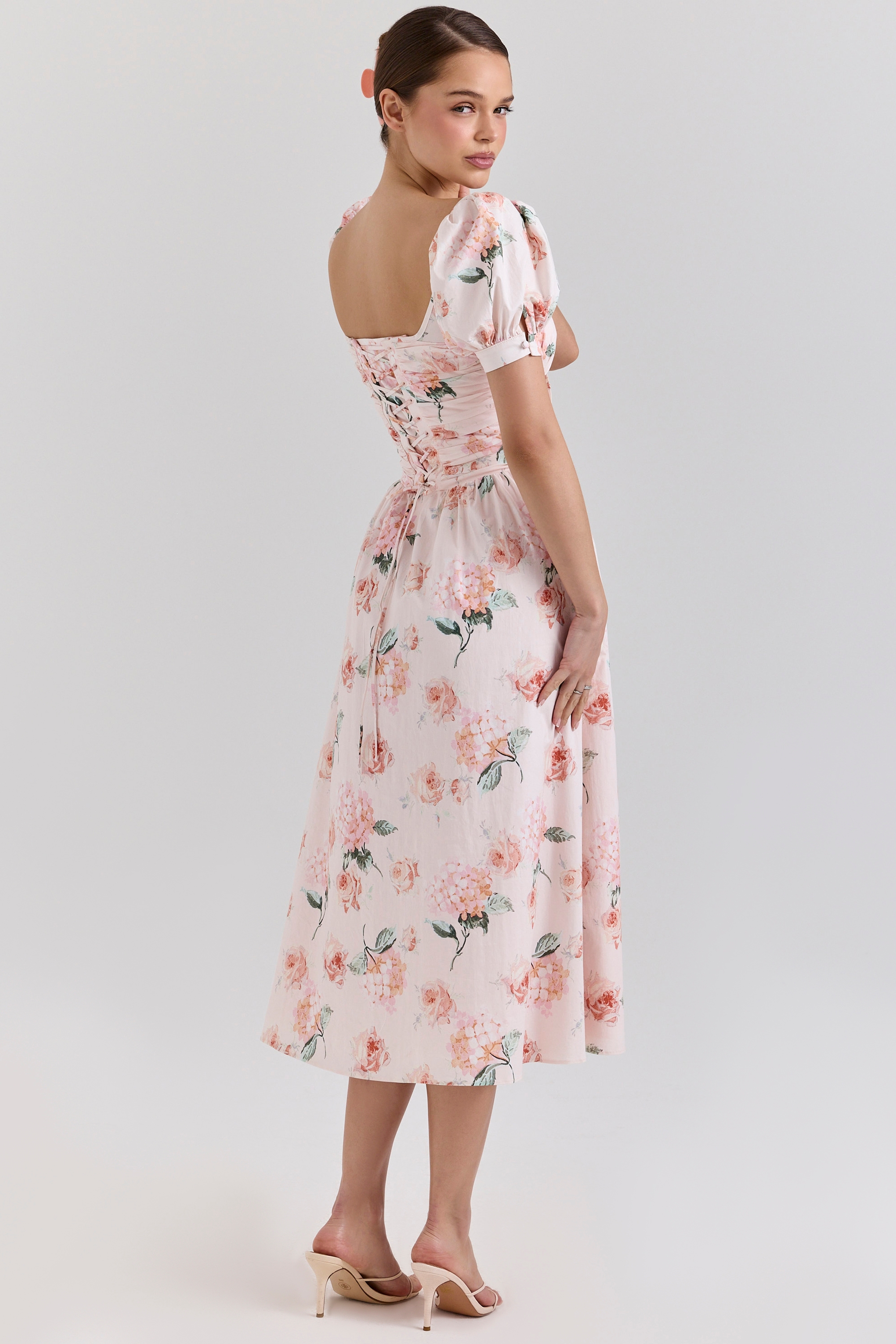 Peach Floral Cotton Puff Sleeve Midi Dress - TREBLEV