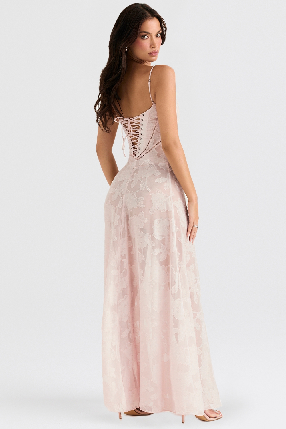 Soft Pink Floral Lace Back Maxi Dress - TREBLEV