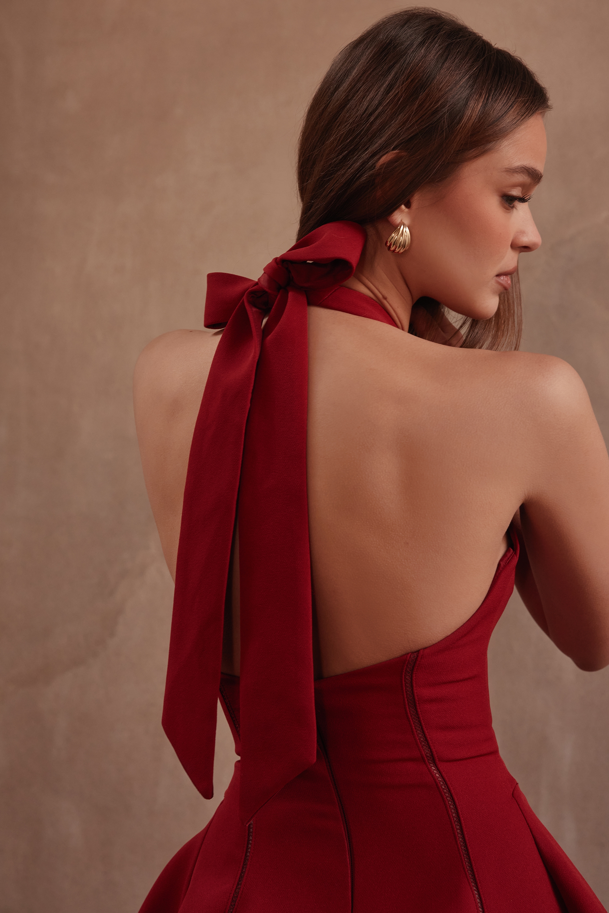 Red Halter Neck Bow Mini Dress - TREBLEV