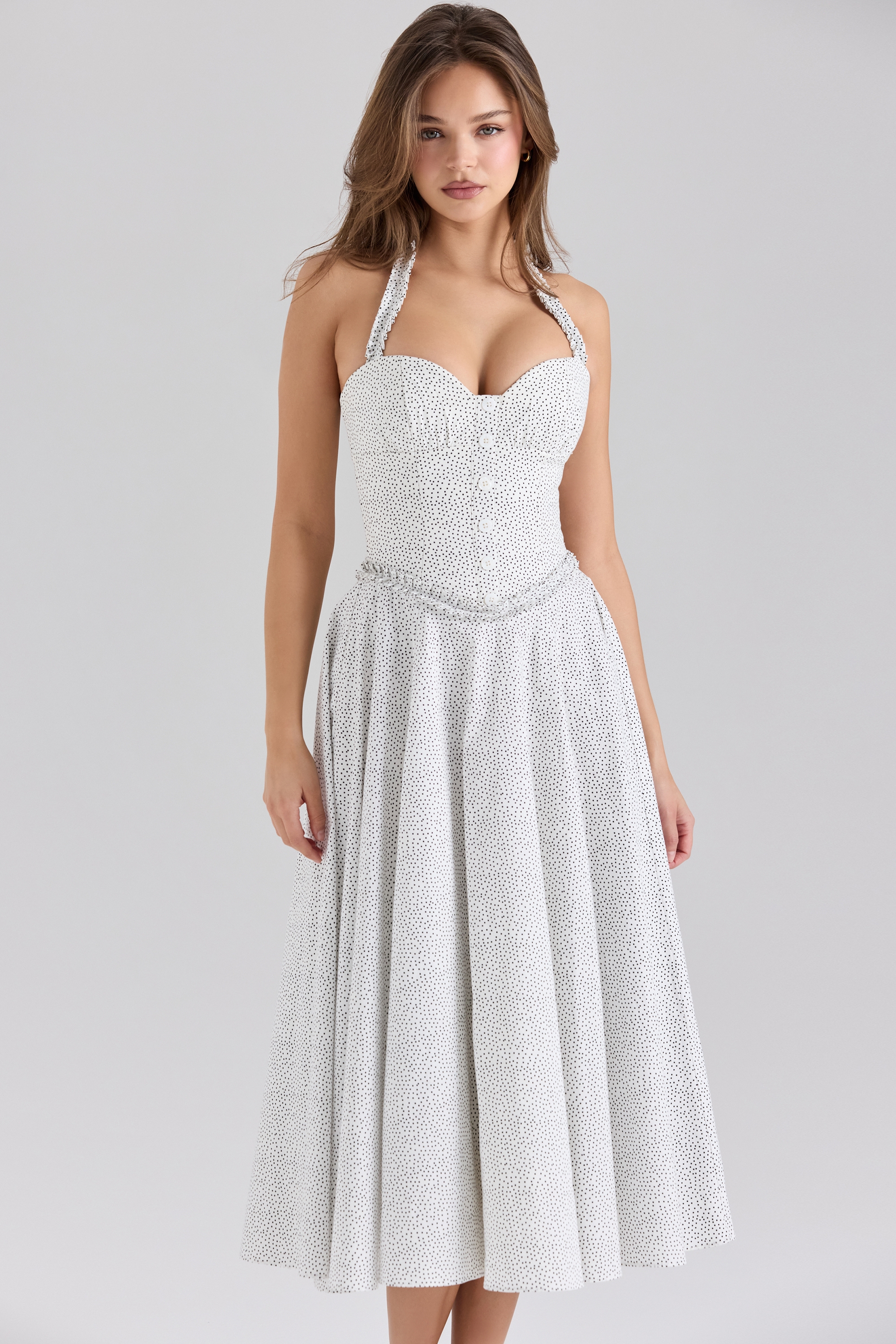 Cotton Halter Neck Polka Dot Print Midi Dress - TREBLEV