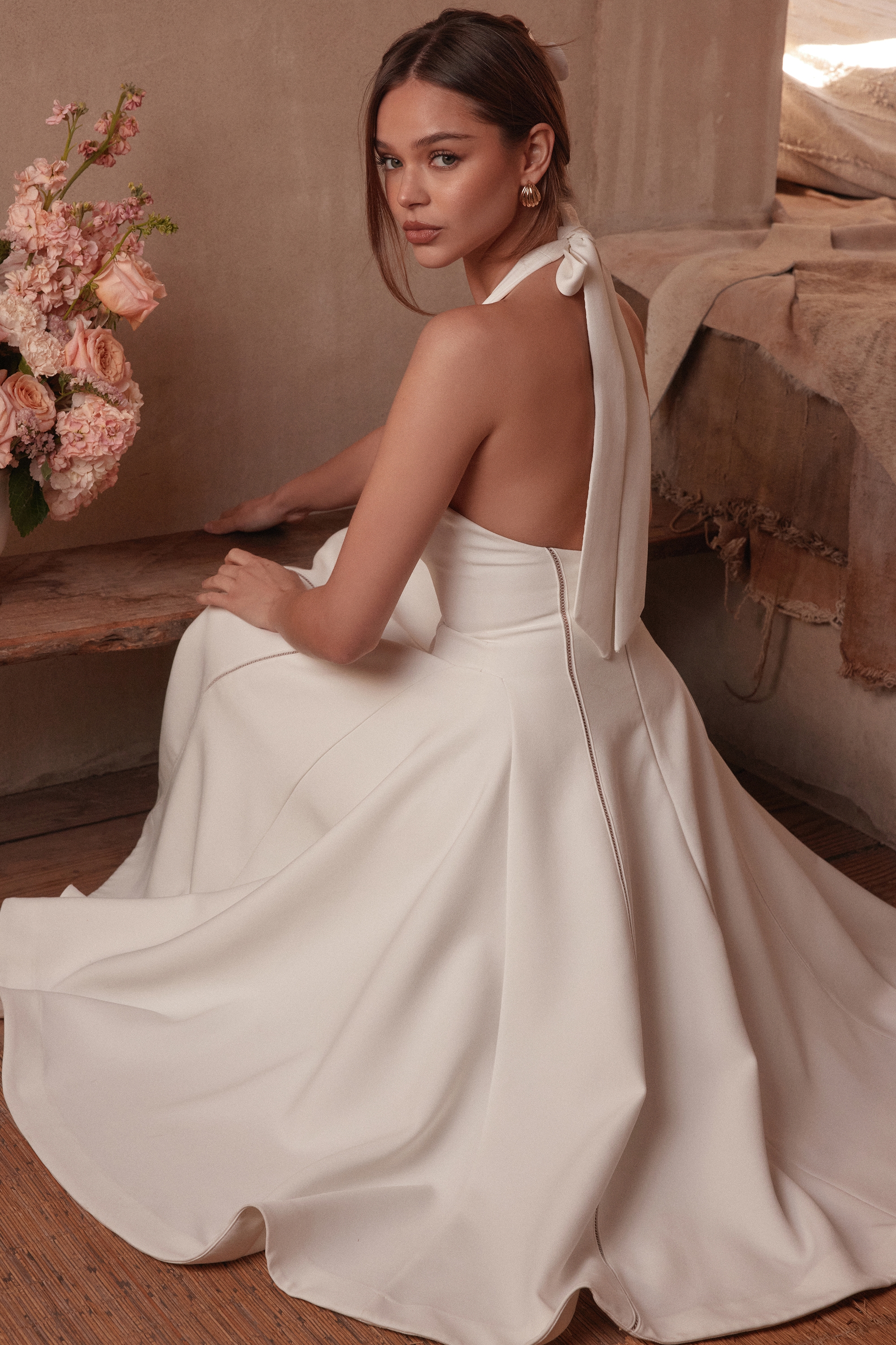 Ivory Halter Neck Midi Dress - TREBLEV