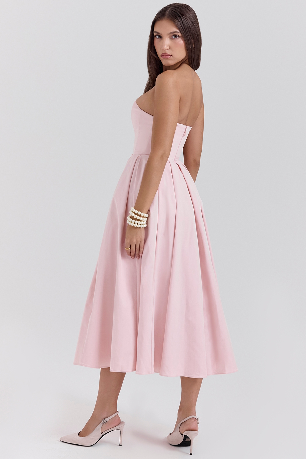Parisian Pink Strapless Corset Midi Dress - TREBLEV