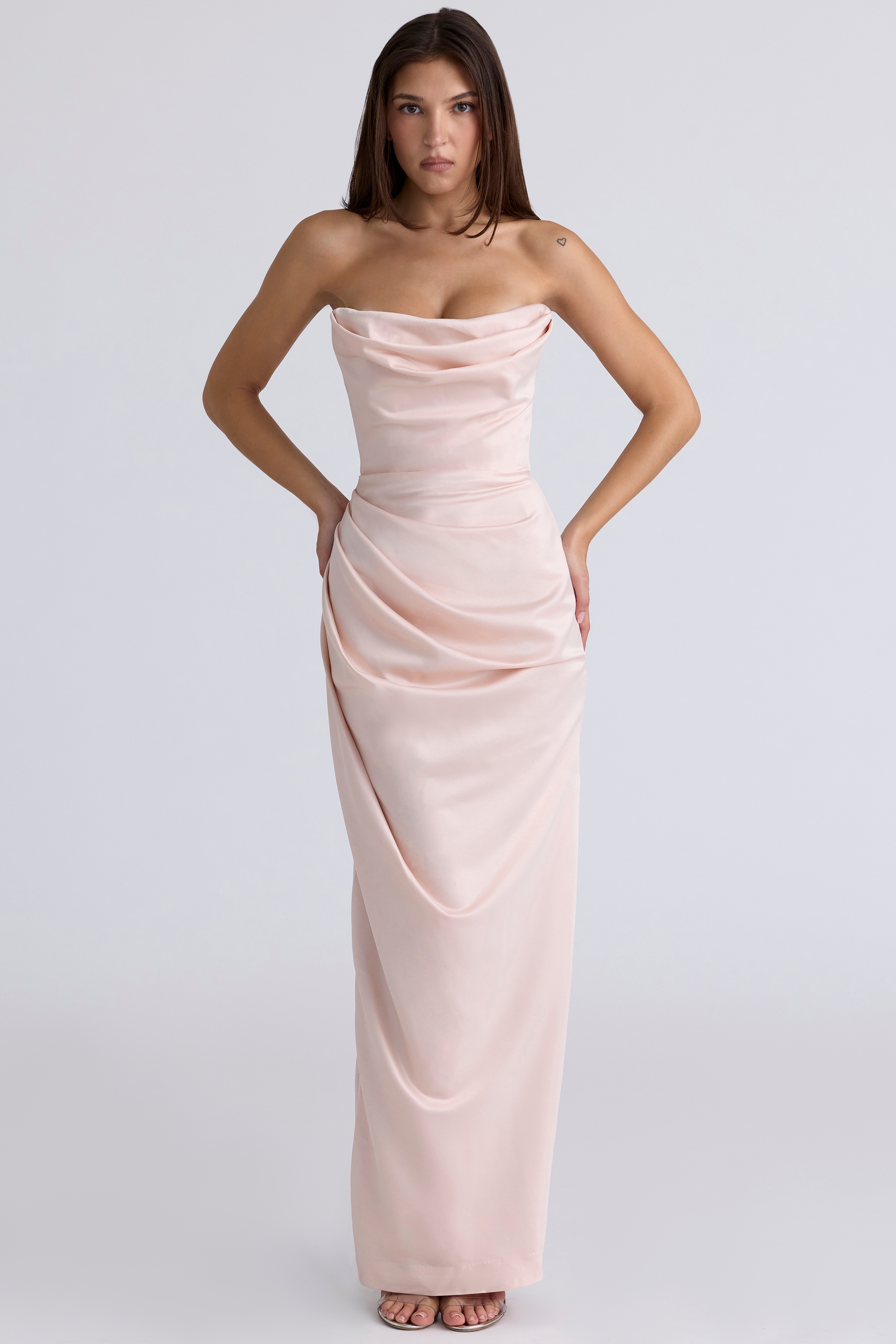 Champagne Satin Strapless Gown - TREBLEV