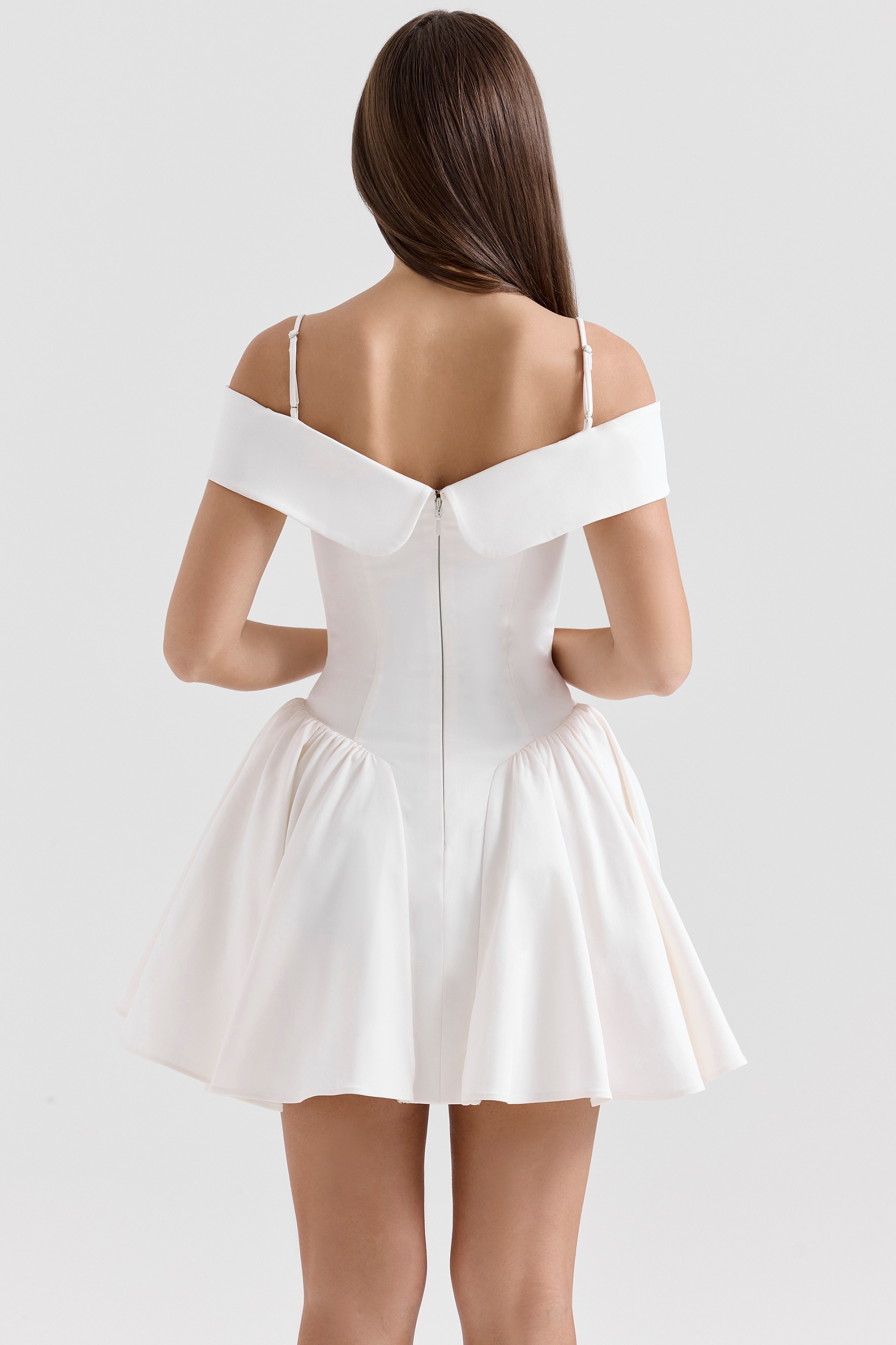 White Twill Off Shoulder Mini Dress - TREBLEV