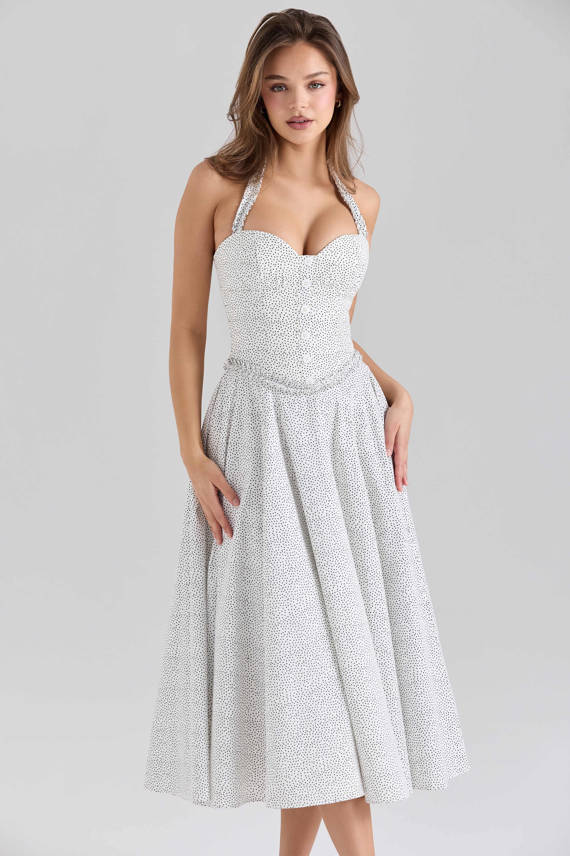 Cotton Halter Neck Polka Dot Print Midi Dress - TREBLEV