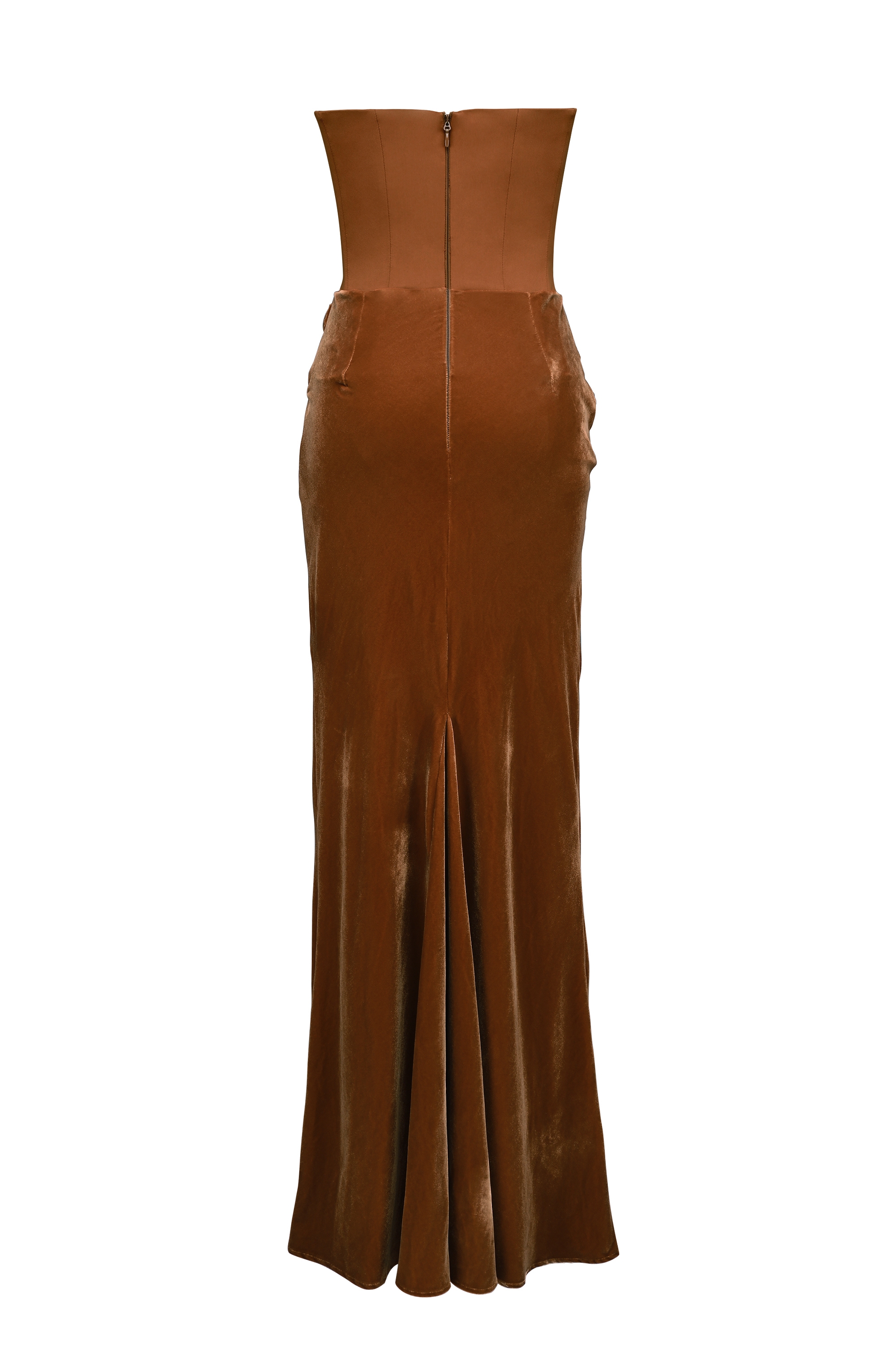 Coffee Velvet Strapless Corset Maxi Dress - TREBLEV