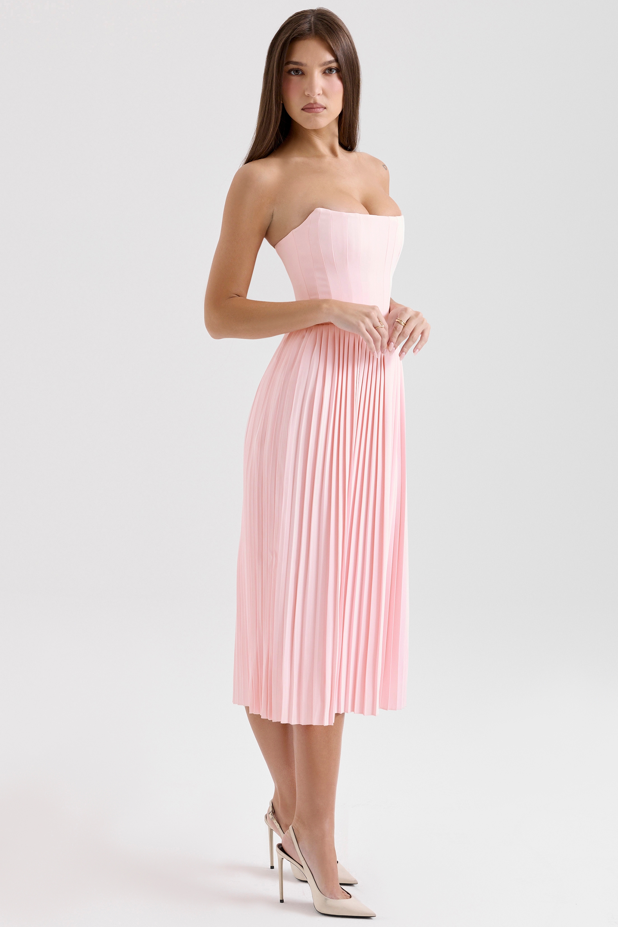 Pink Pleated Midi Corset Dress - TREBLEV