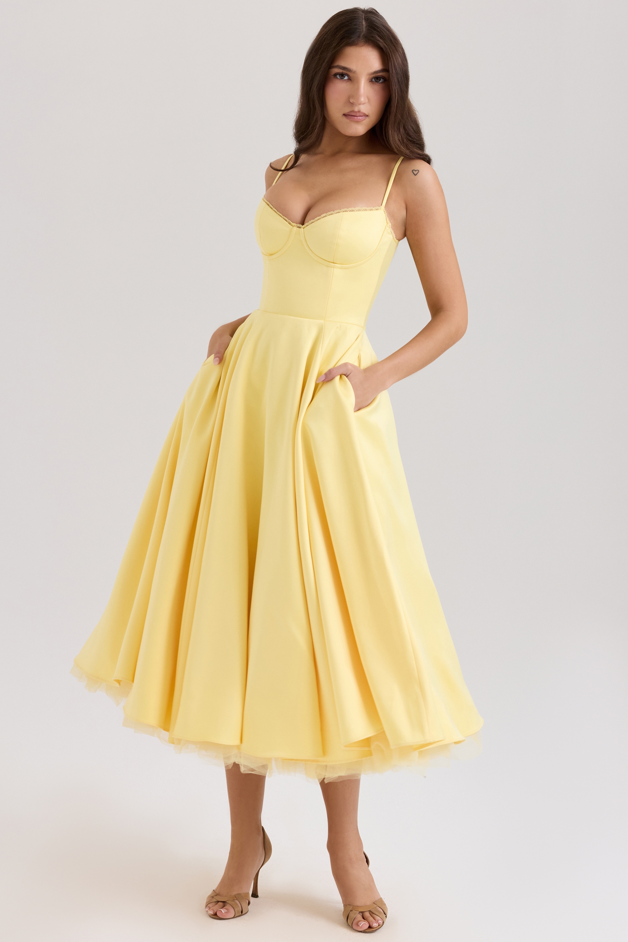 Sunshine Yellow Satin Tulle Midi Dress - TREBLEV