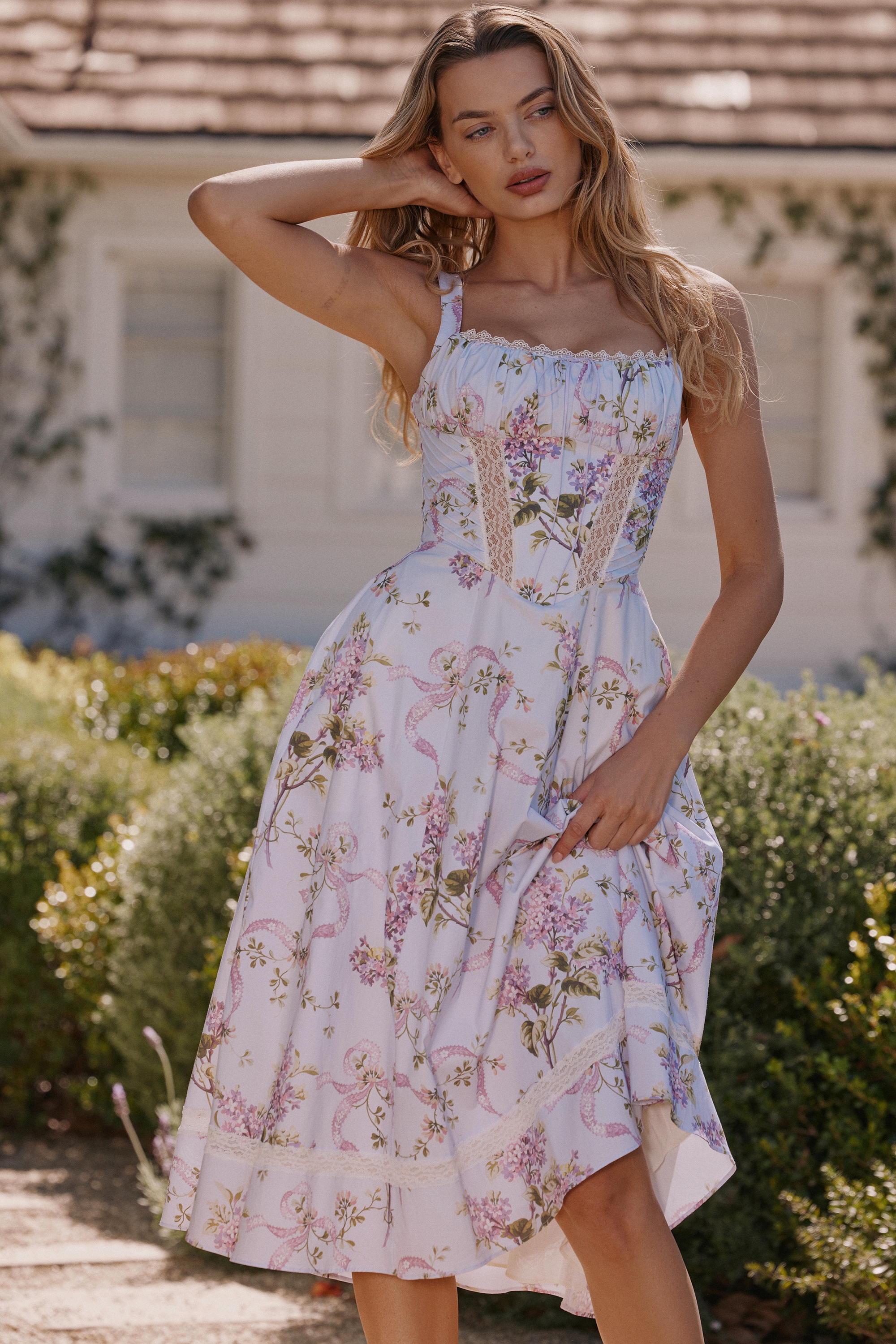 Lilac Floral Cotton Midi Sundress - TREBLEV