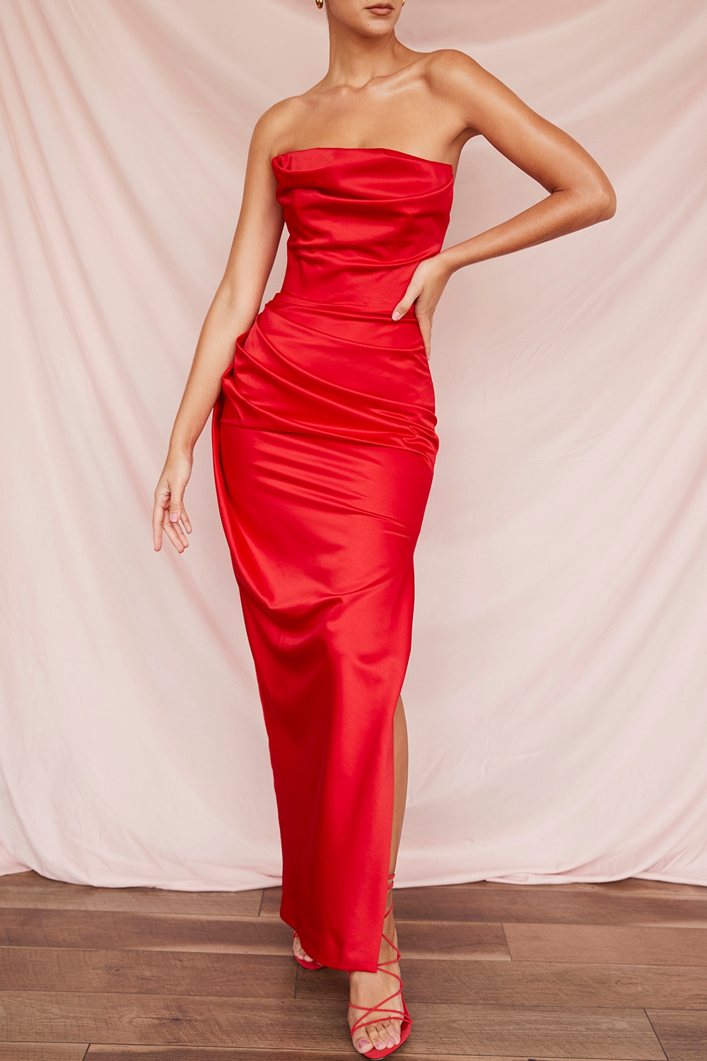 Scarlet Satin Strapless Gown - TREBLEV