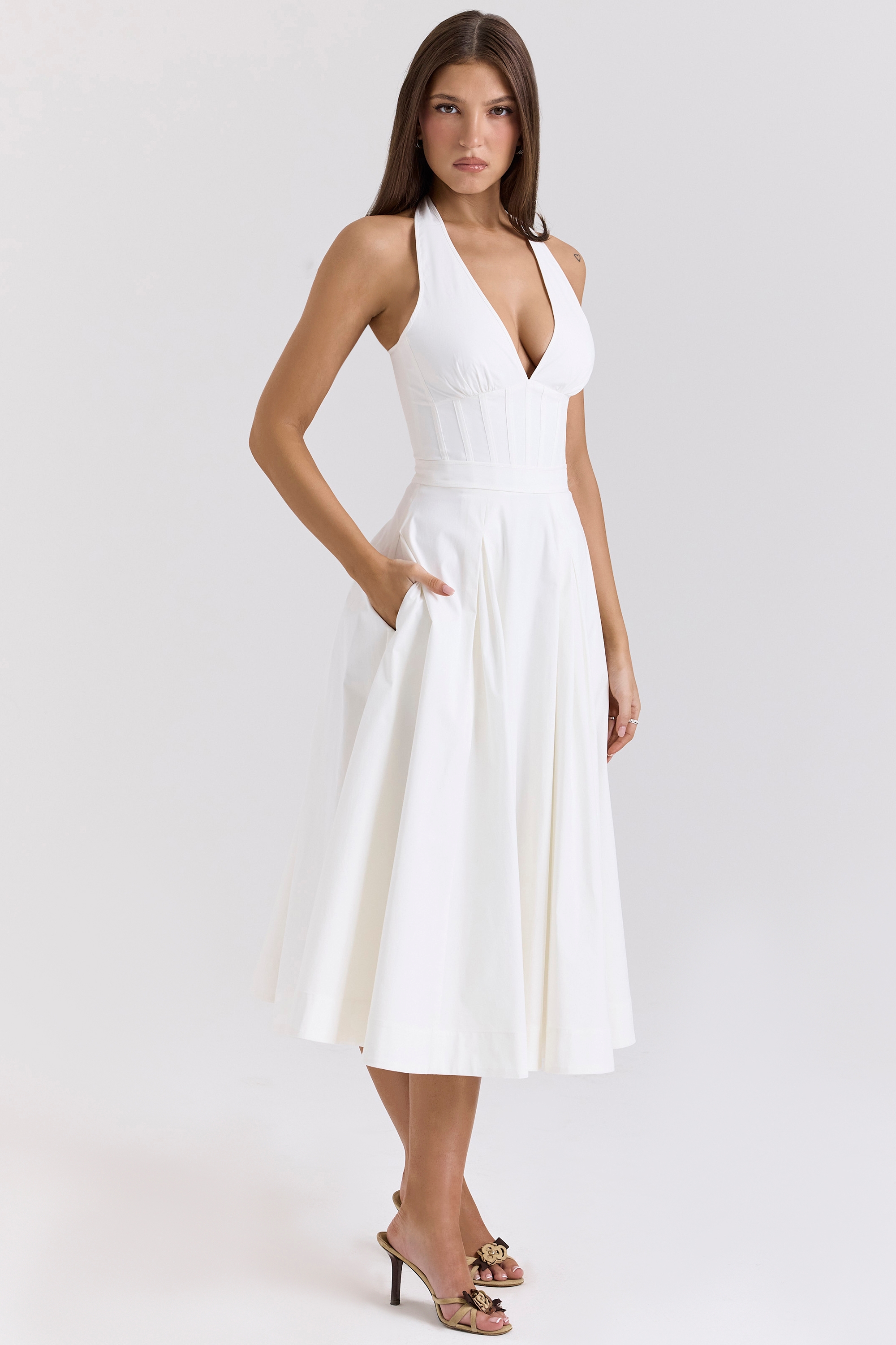 White Stretch Cotton Halter Midi Sundress - TREBLEV