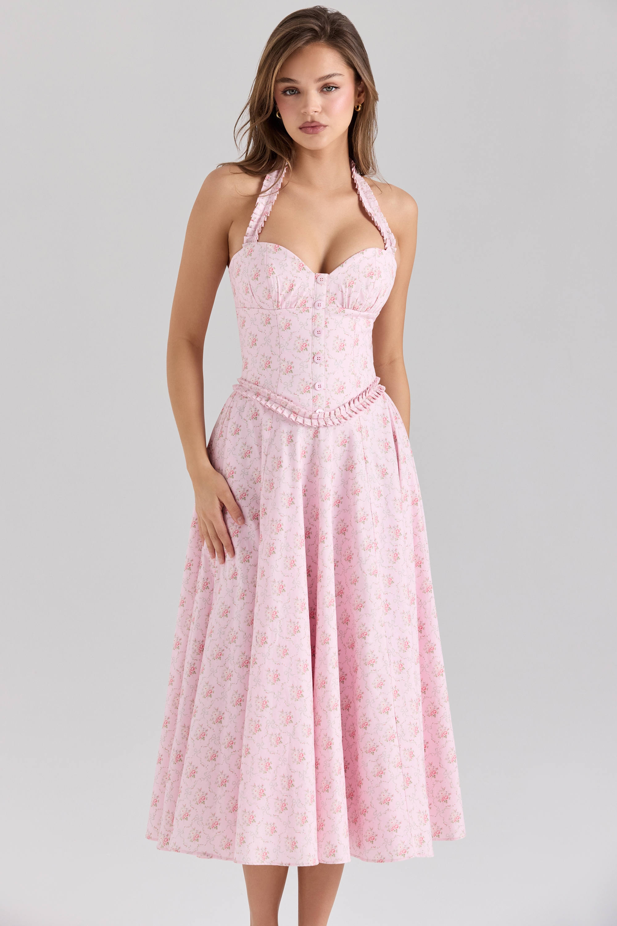 Pink Rose Print Stretch Cotton Halter Neck Midi Dress - TREBLEV