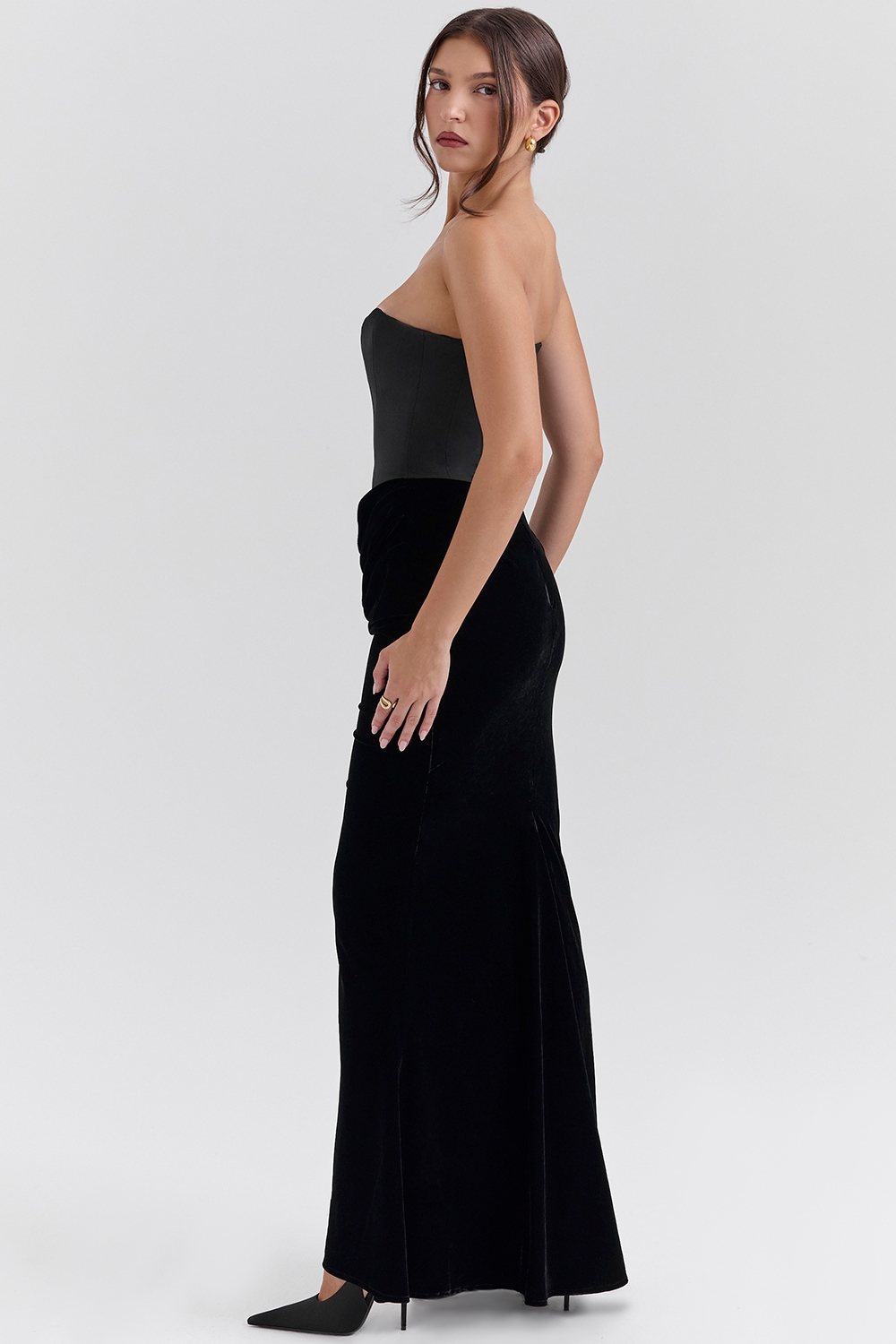 Black Velvet Strapless Corset Maxi Dress - TREBLEV