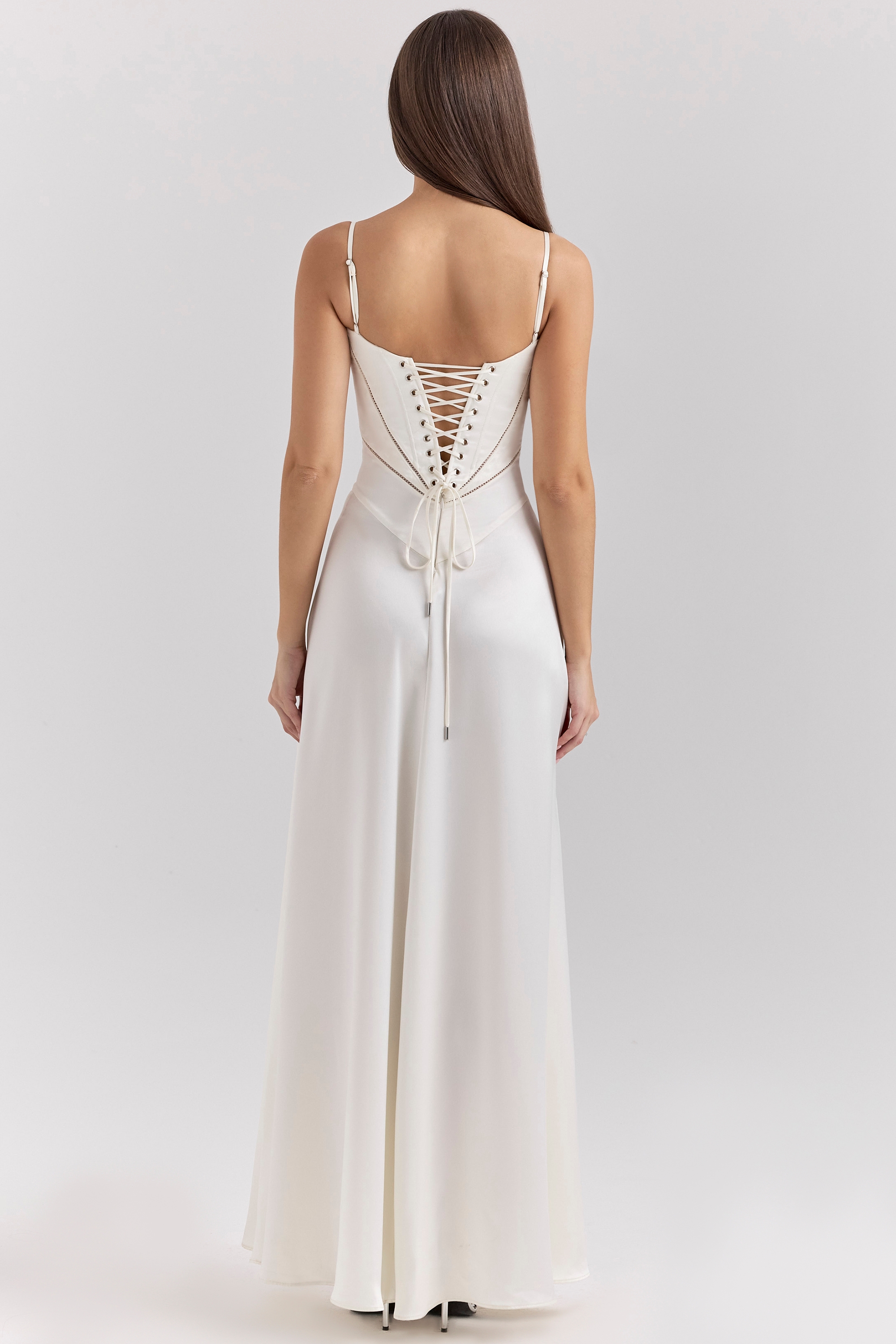 Ivory Satin Lace Up Maxi Dress - TREBLEV