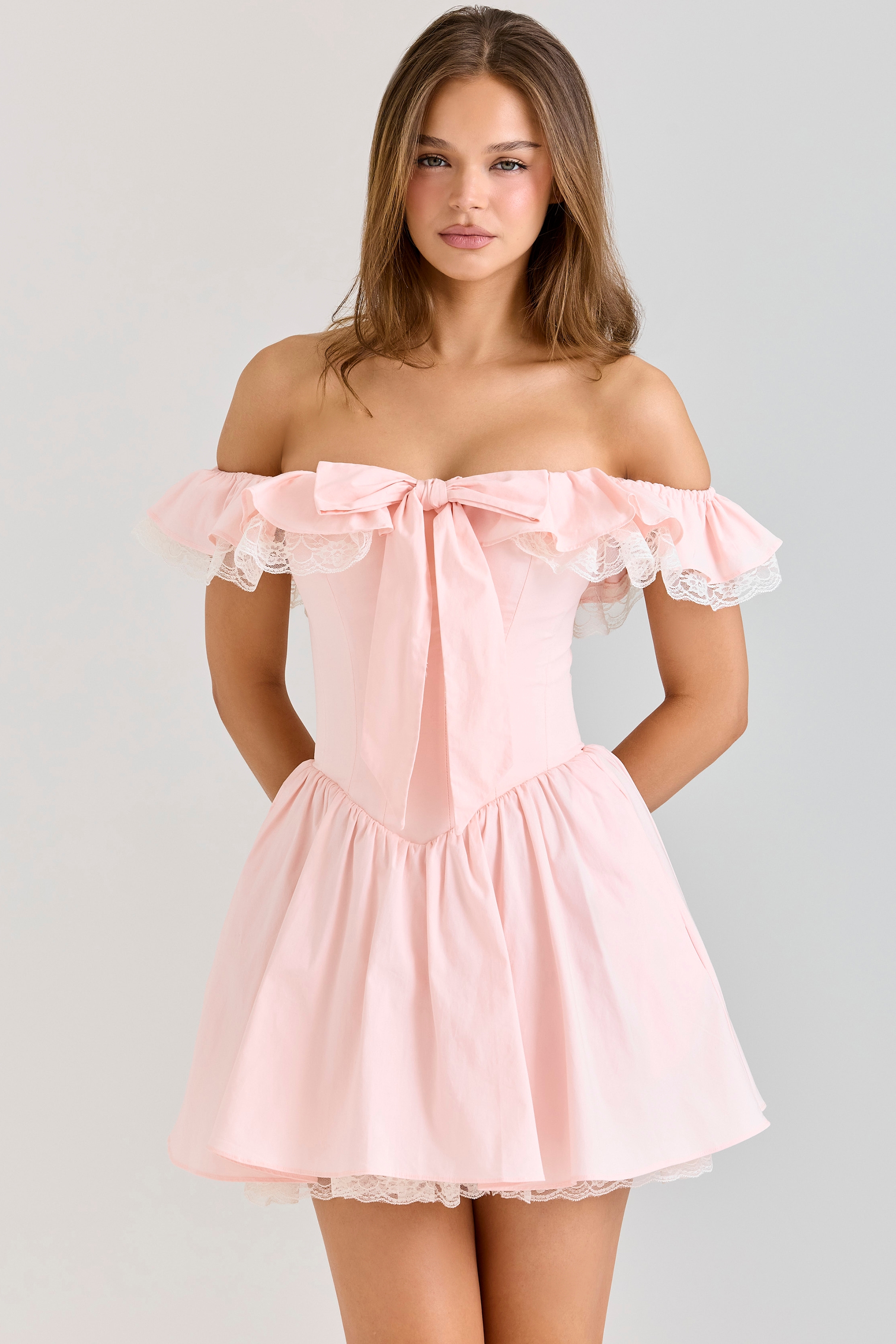 Pink Stretch Cotton Off Shoulder Corset Mini Dress - TREBLEV