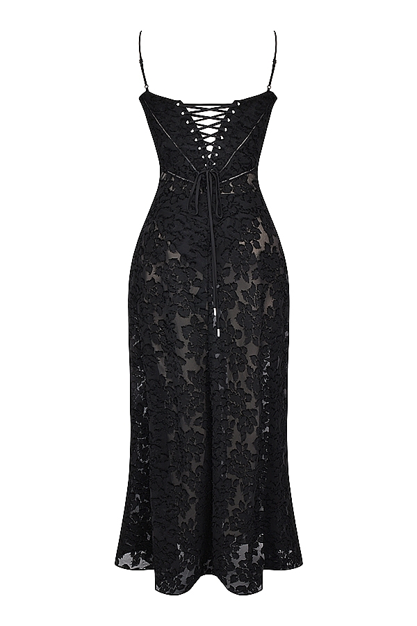 Black Floral Lace Back Maxi Dress - TREBLEV