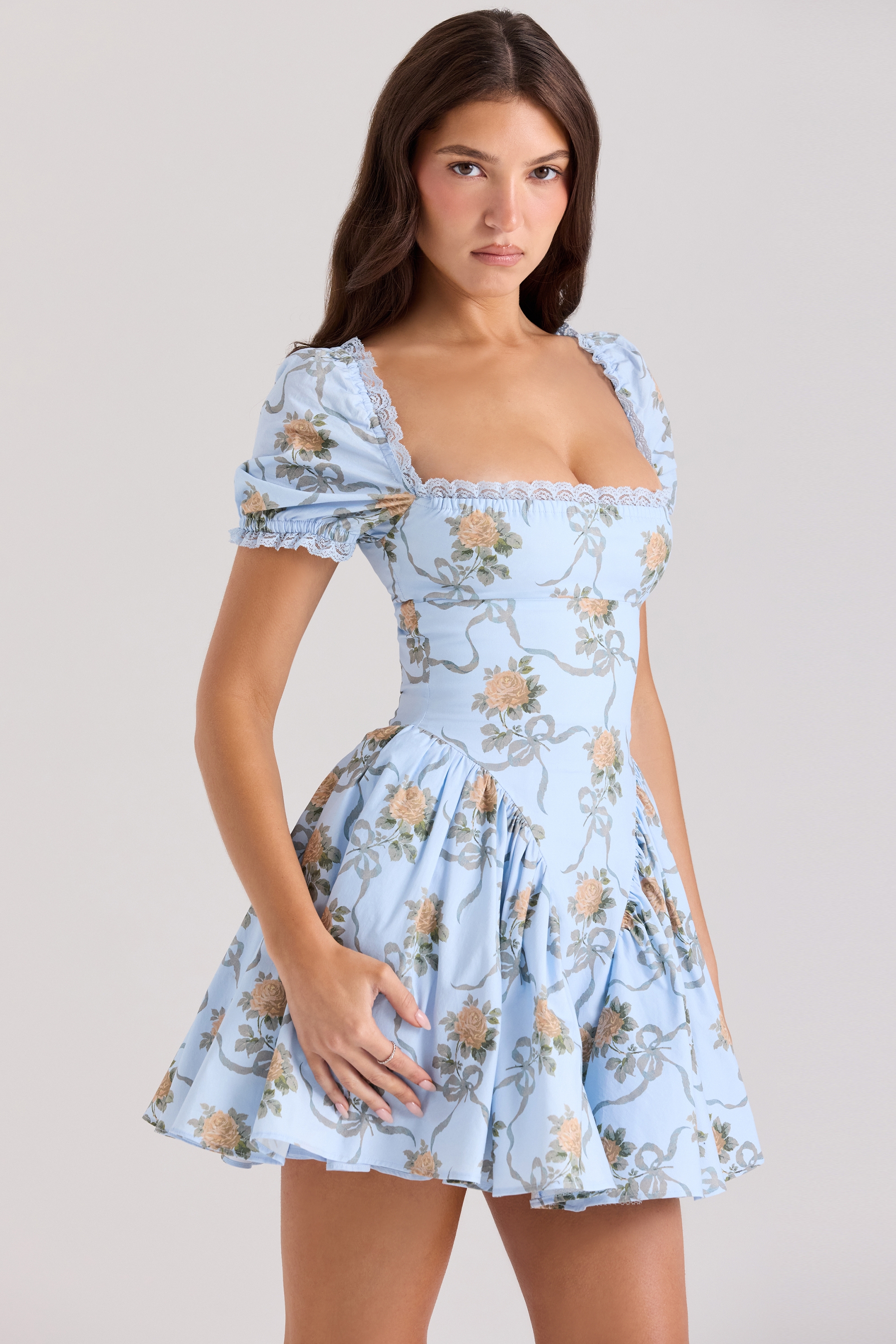 Blue Rose Print Cotton Mini Dress - TREBLEV