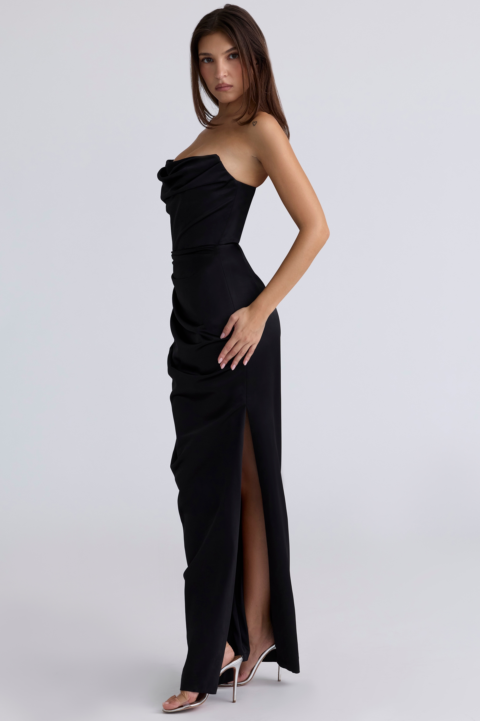 Black Satin Strapless Corset Maxi - TREBLEV