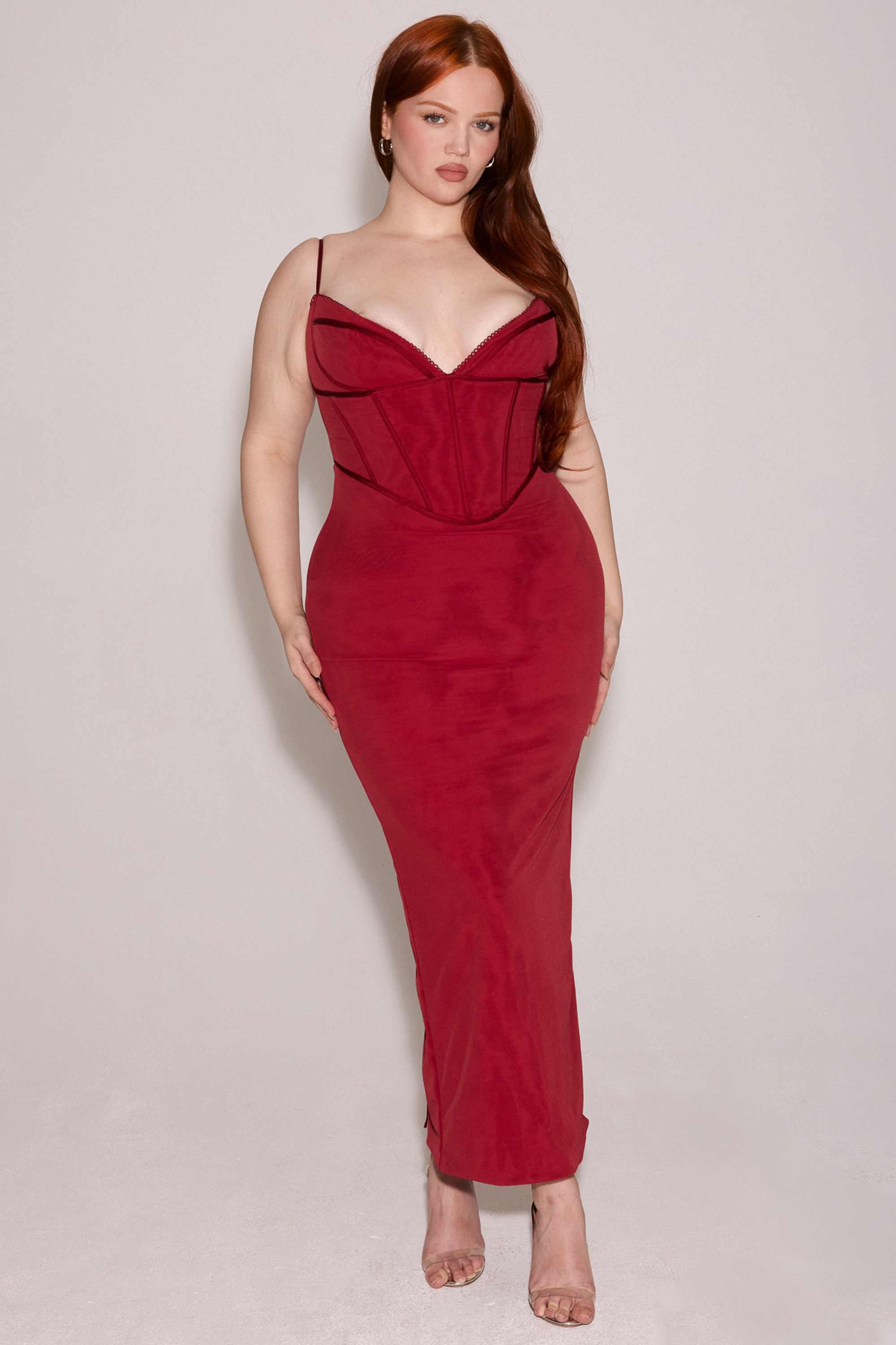 Wine Mesh Bodycon Maxi Dress - TREBLEV