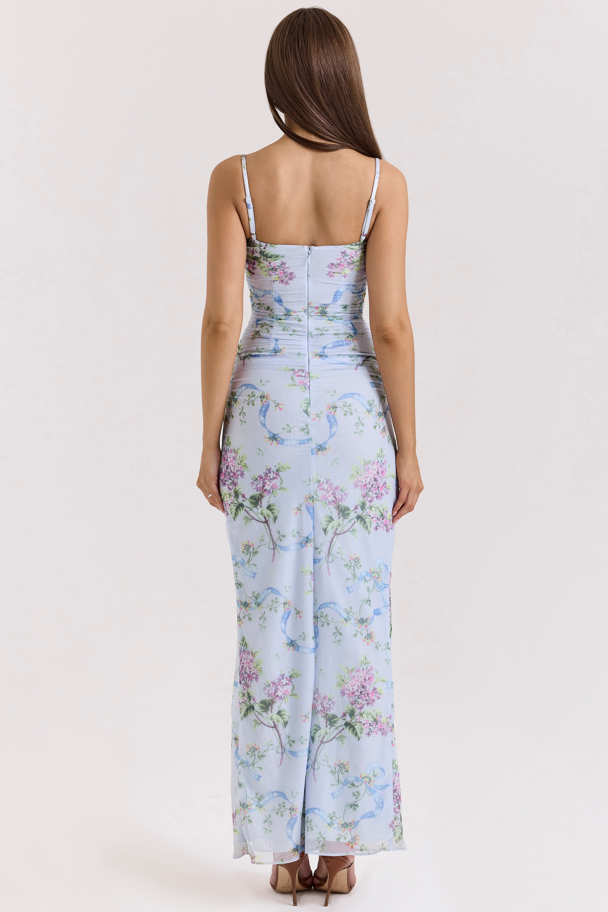 Blue Floral Print Mesh Maxi Dress - TREBLEV